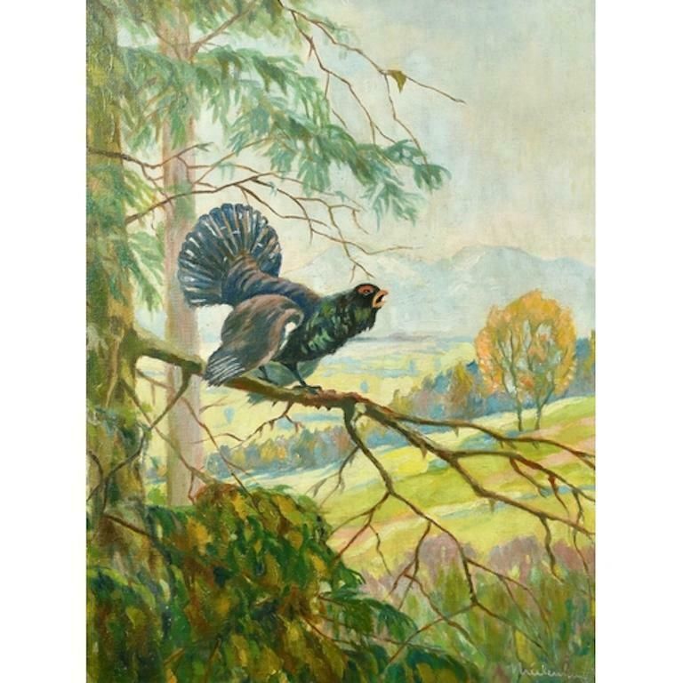 Scottish Schoolscottish Oil Painting Black Grouse In A Tree Within A Highland Landscape