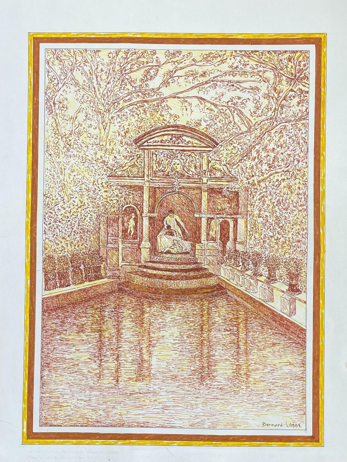 Bernard Labbe1950's Signed Modernist Painting    Fine Drawing Of Historic Fountain1950's photo furniture
