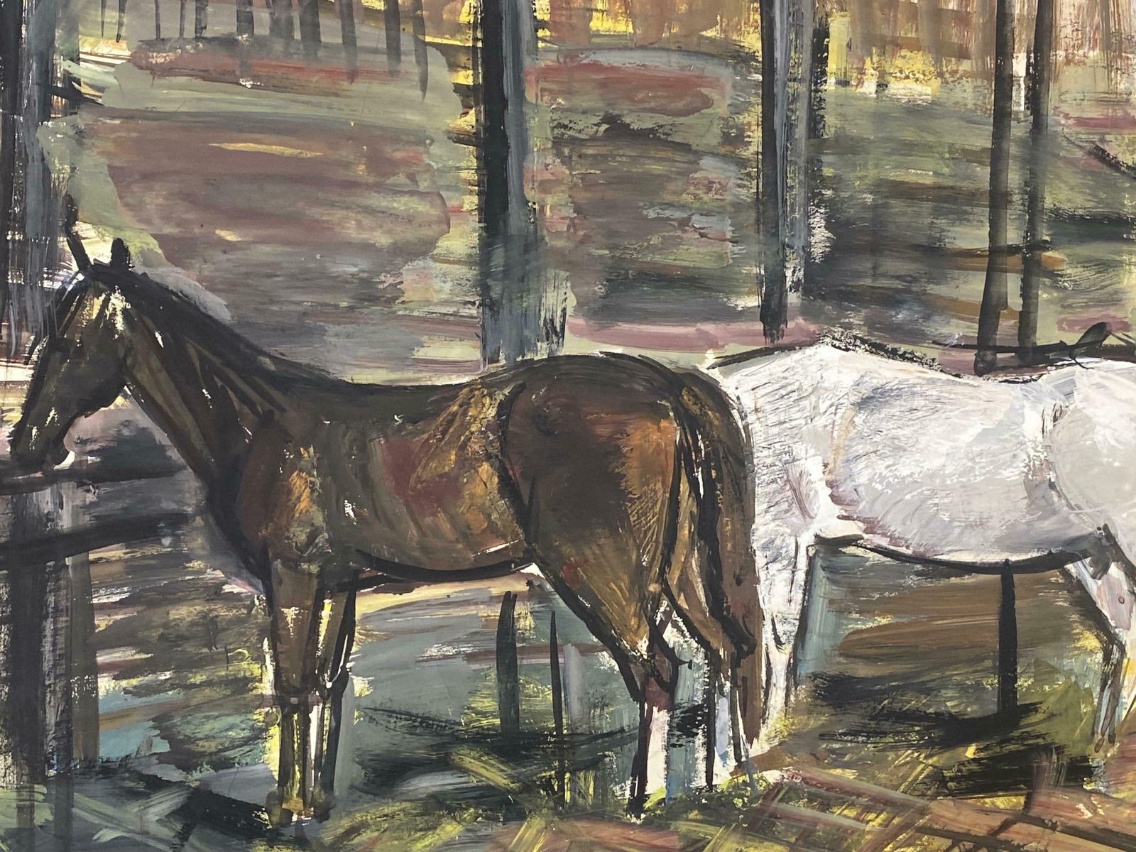 édouard Righetti (1924 2001)original French Mid Century Post Impressionist Watercolour  Horses Feeding1950's photo furniture
