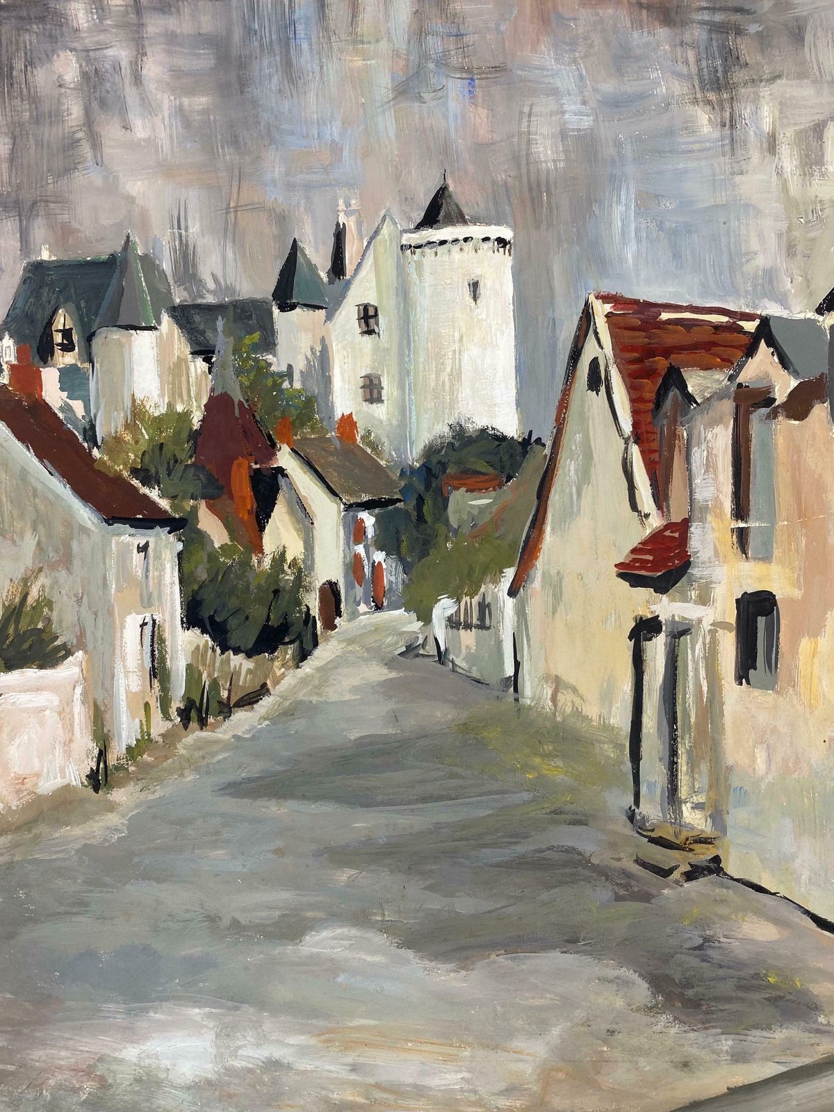Bernard Labbe1950's Modernist Painting    Grey Skies Over French Peaceful Town1950's