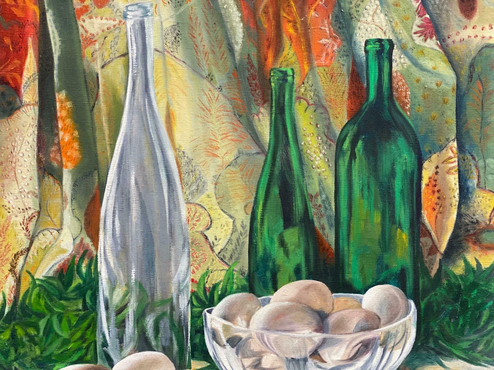 1970's French Large 1970's French Still Life Oil Painting Green Bottles Interior Scenec. 1970's photo furniture