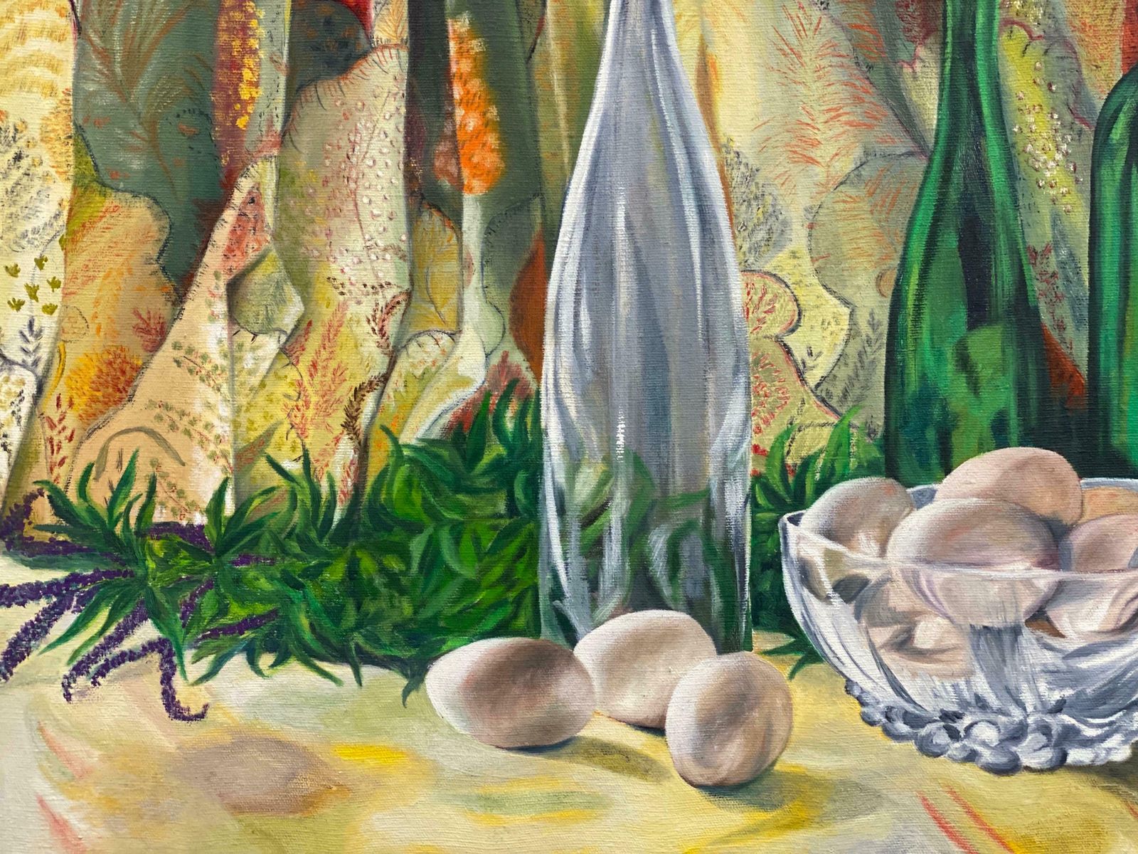 1970's French Large 1970's French Still Life Oil Painting Green Bottles Interior Scenec. 1970's photo for sale