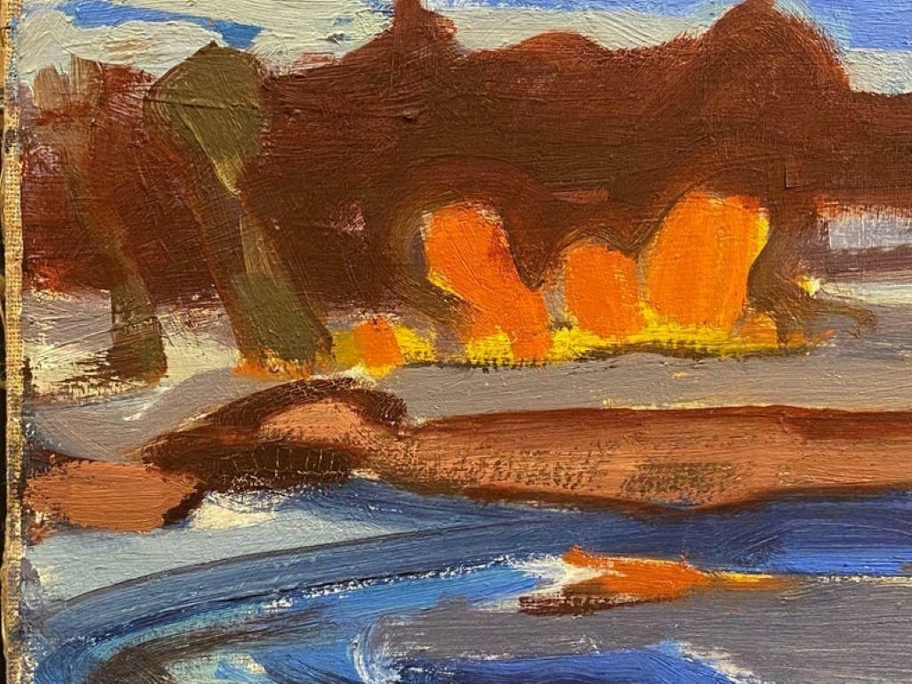 Elisabeth Hahn20th Century German Modernist Oil Painting River & Town At Dusk20th Century photo for sale