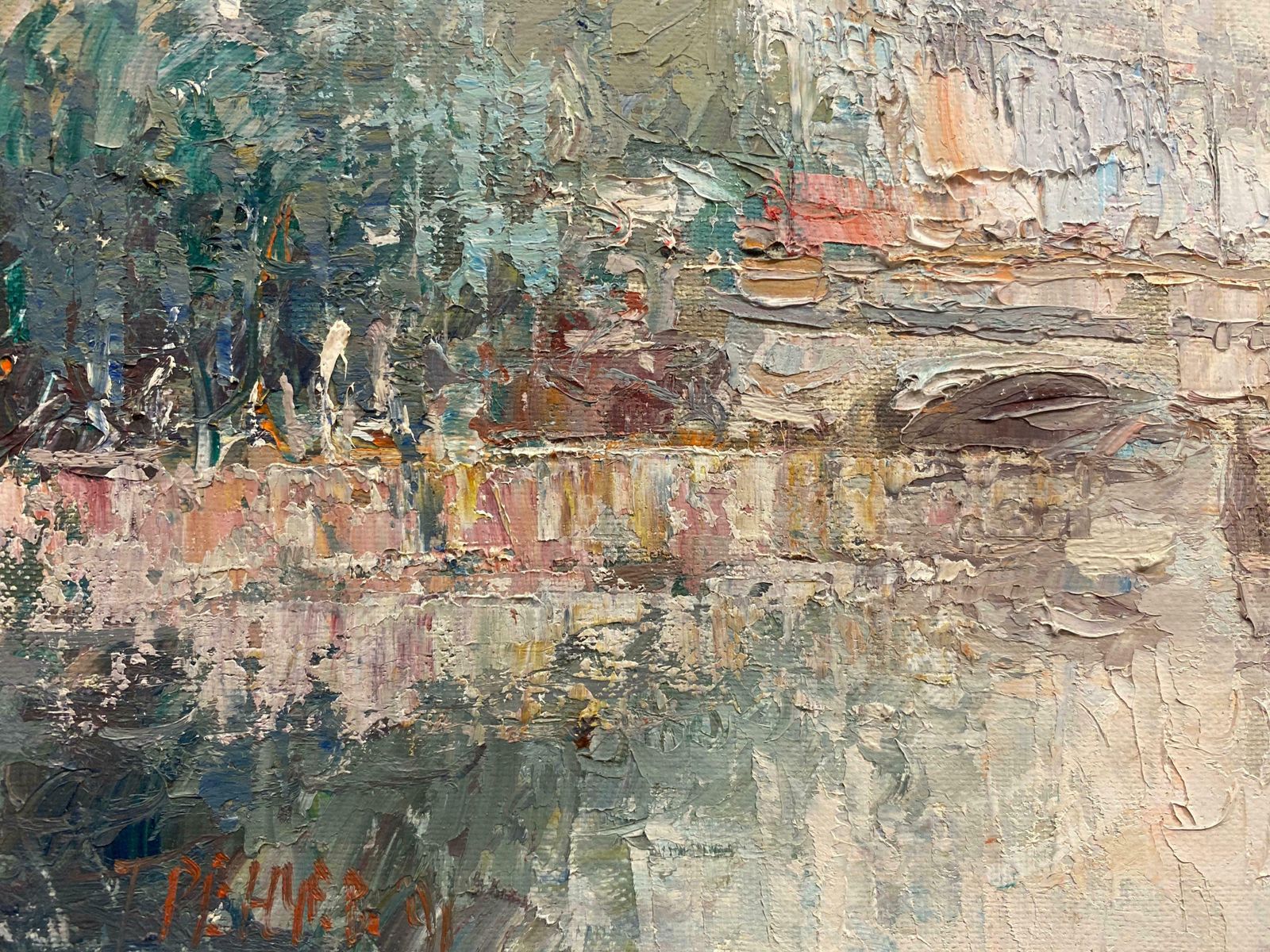 1970's Frenchpont Neuf Paris Misty River Seine Scene, French Expressionist Signed Oil photo for sale