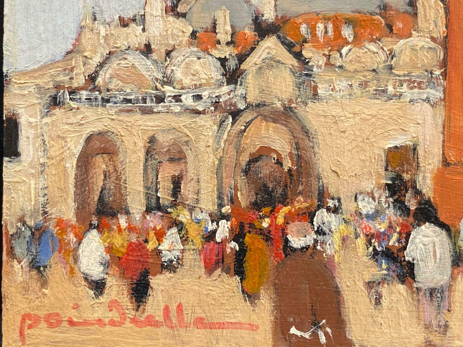 Patrice Poindrellepiazza San Marco Venice, Busy Figures In Square, Signed French Oil photo 715.0