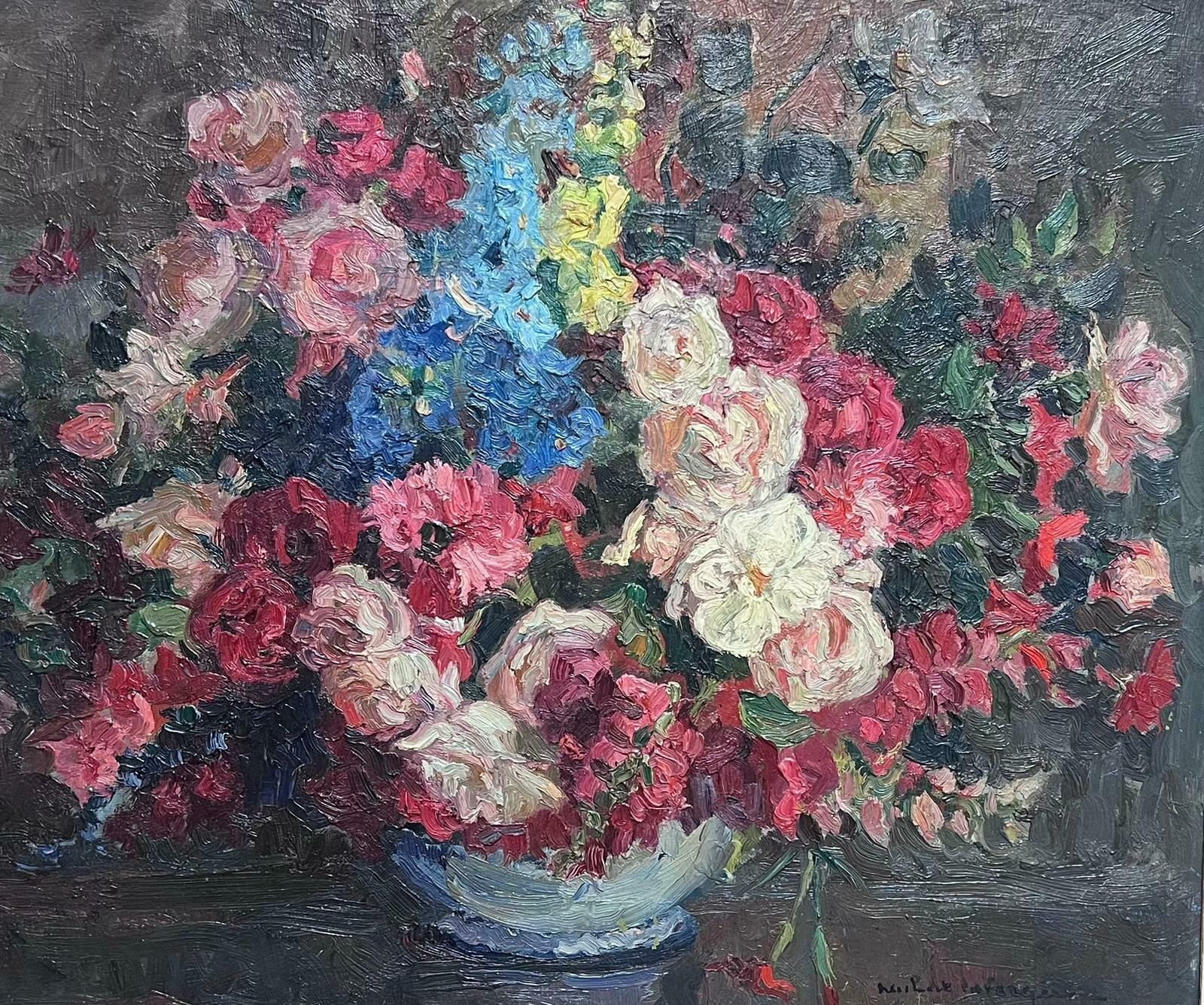 French Schoolmid 20th C French Impressionist Signed Oil Vintage Flowers Montparnasse Frame photo furniture