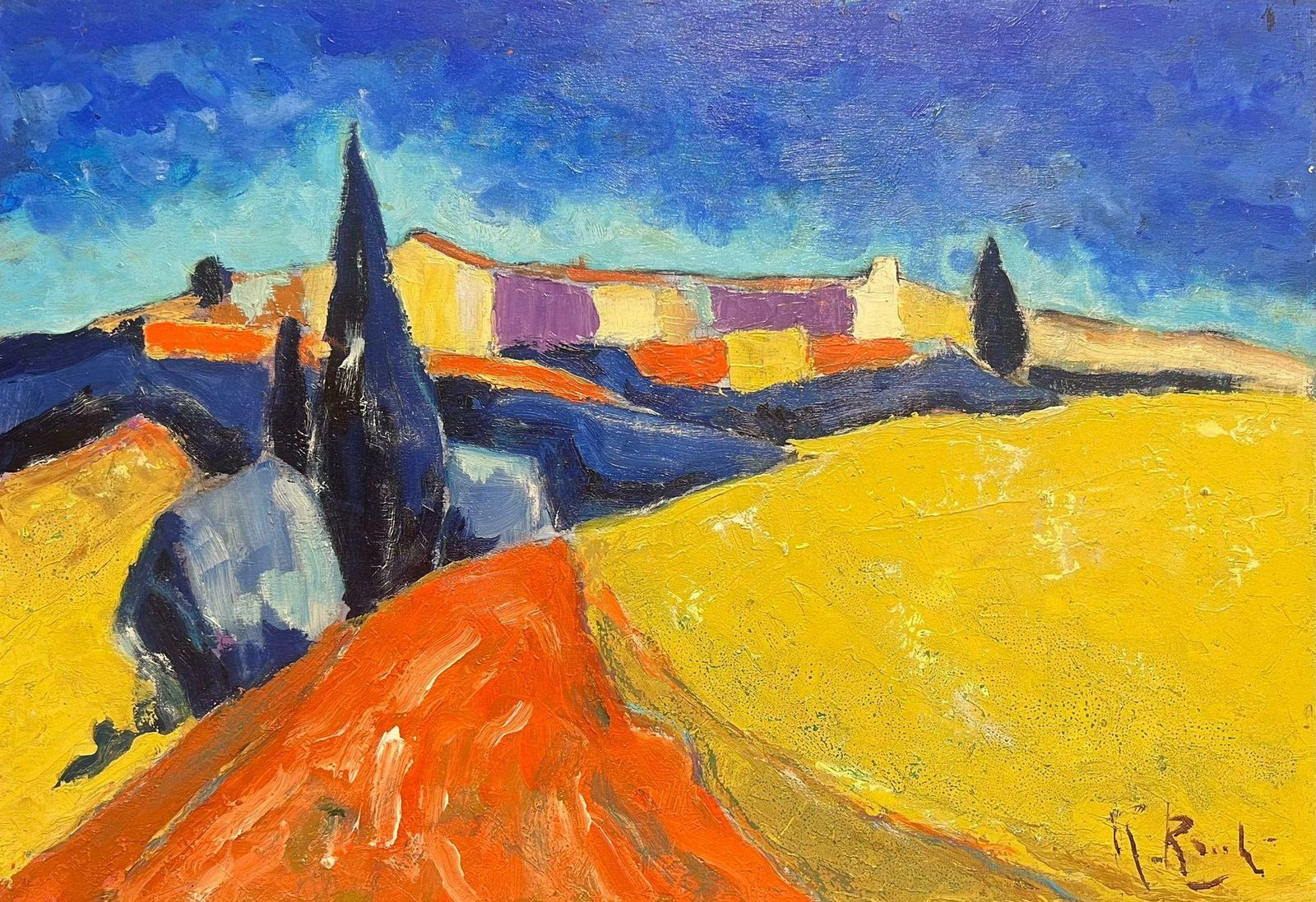 French Schoolmid 20th Century French Cubist Abstract Signed Oil Golden Fields Provence