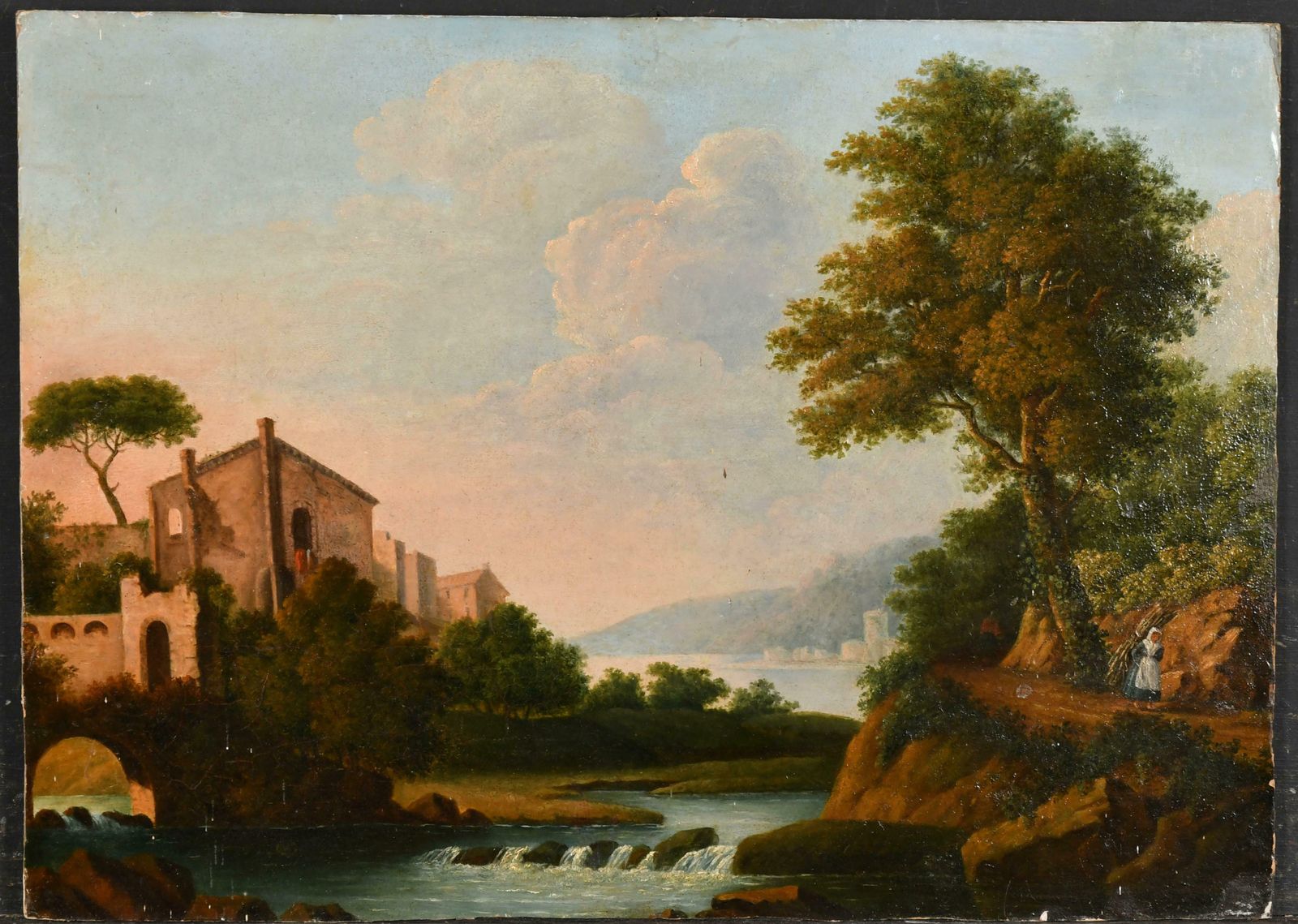 1800's Italianearly 1800's Italian Oil Painting Romantic Light Landscape Figure By River photo furniture