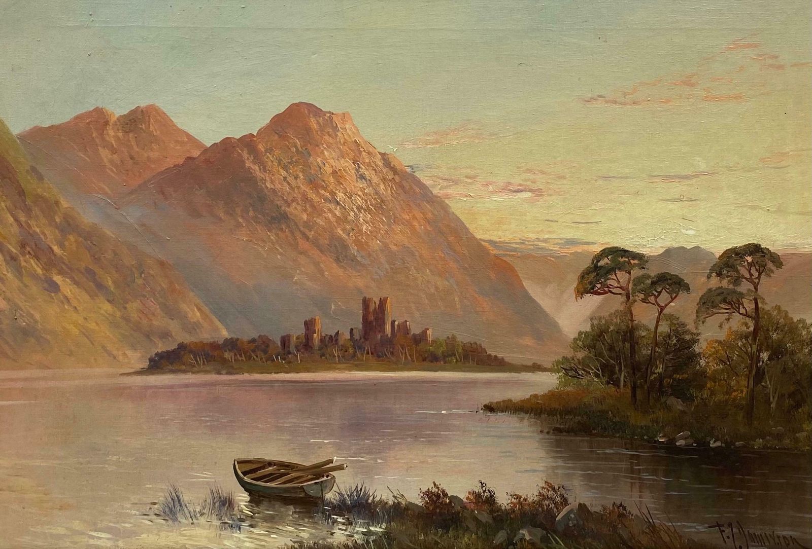 Francis E. Jamiesonkilchurn Castle Loch Awe, Antique Scottish Highlands Sunset Framed Oil Painting C.1930's