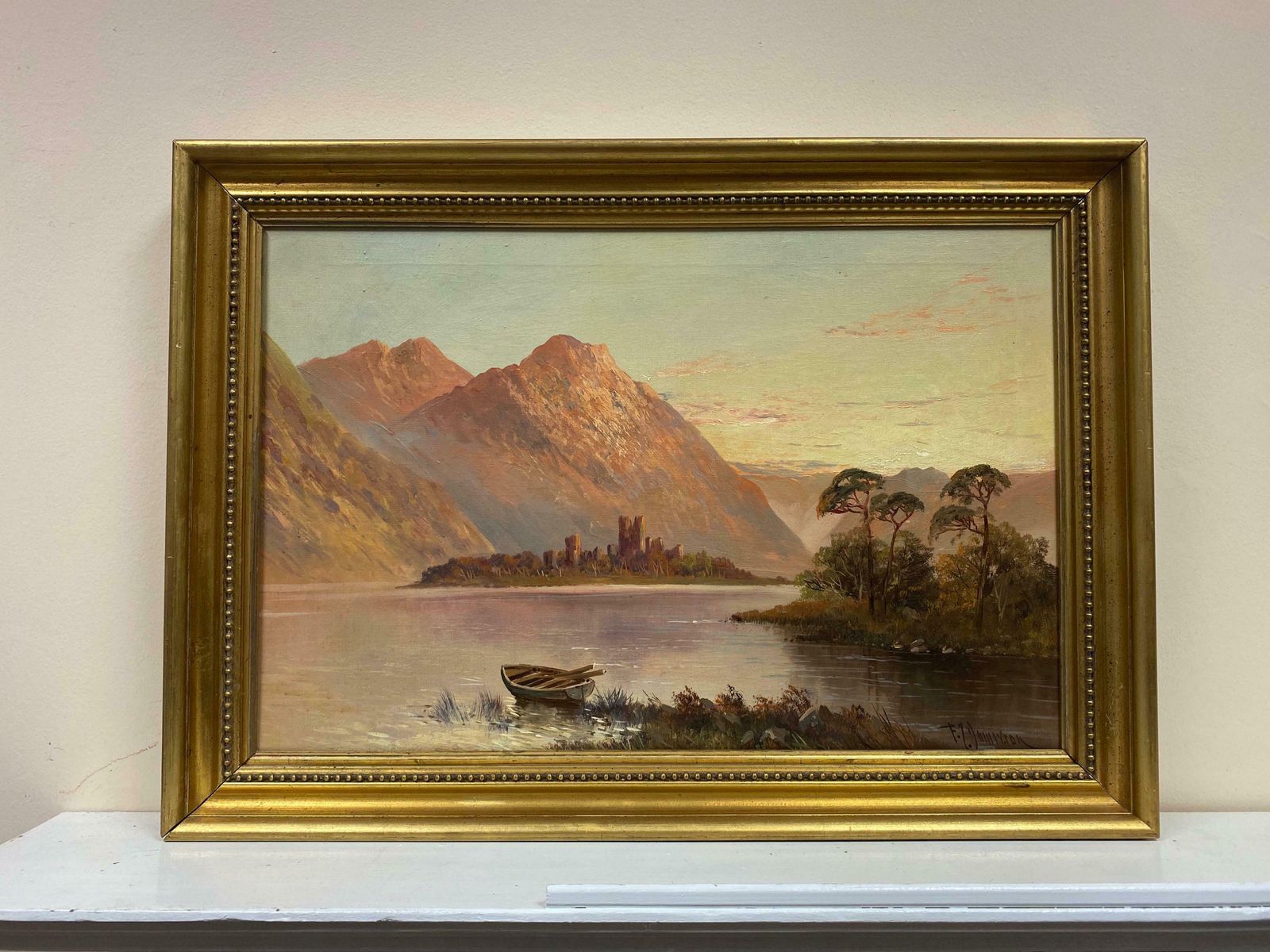 Francis E. Jamiesonkilchurn Castle Loch Awe, Antique Scottish Highlands Sunset Framed Oil Painting C.1930's photo furniture