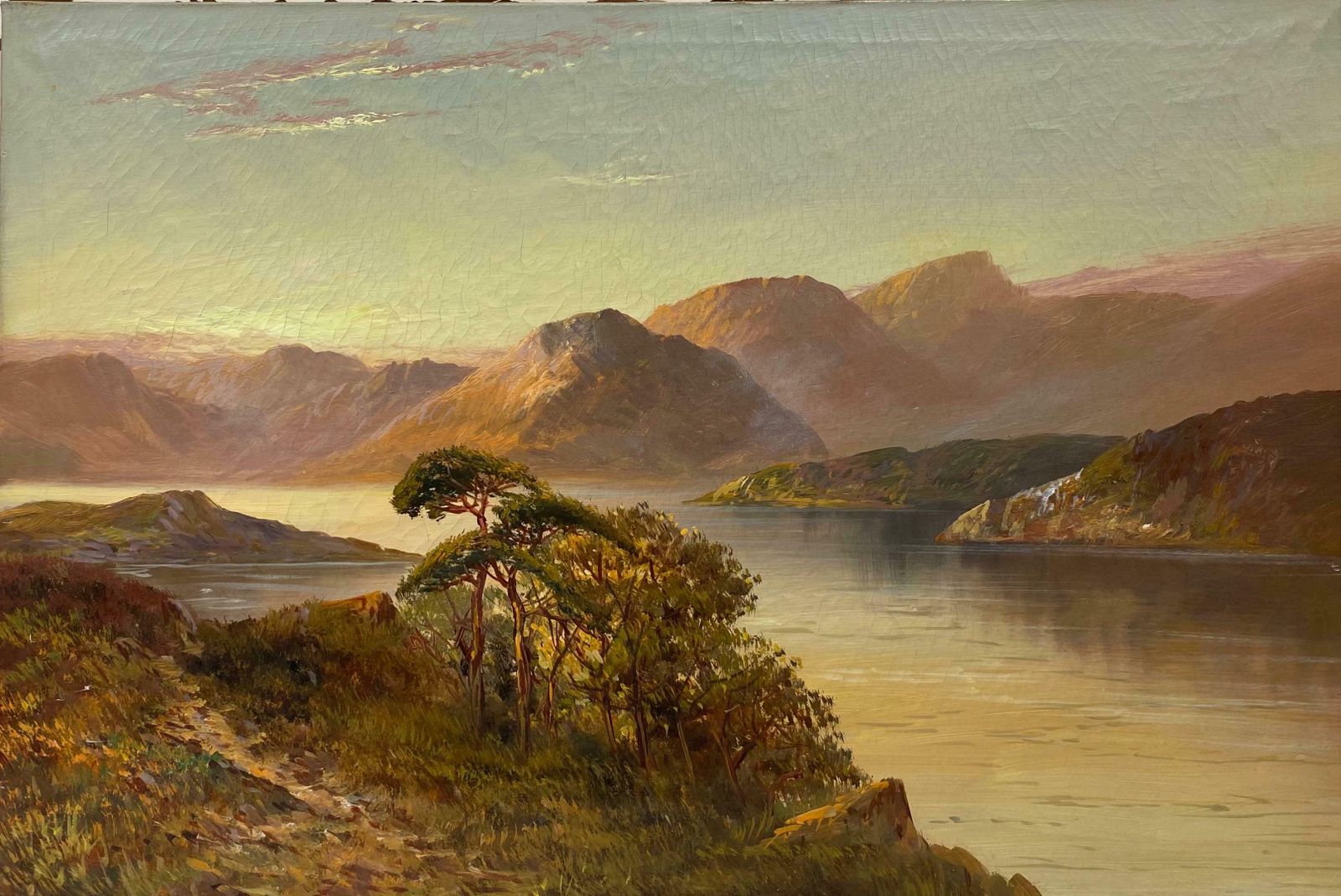 Francis E. Jamiesonantique Scottish Highlands Oil Painting Sunset Extensive Loch Landscape Scenec.1920's