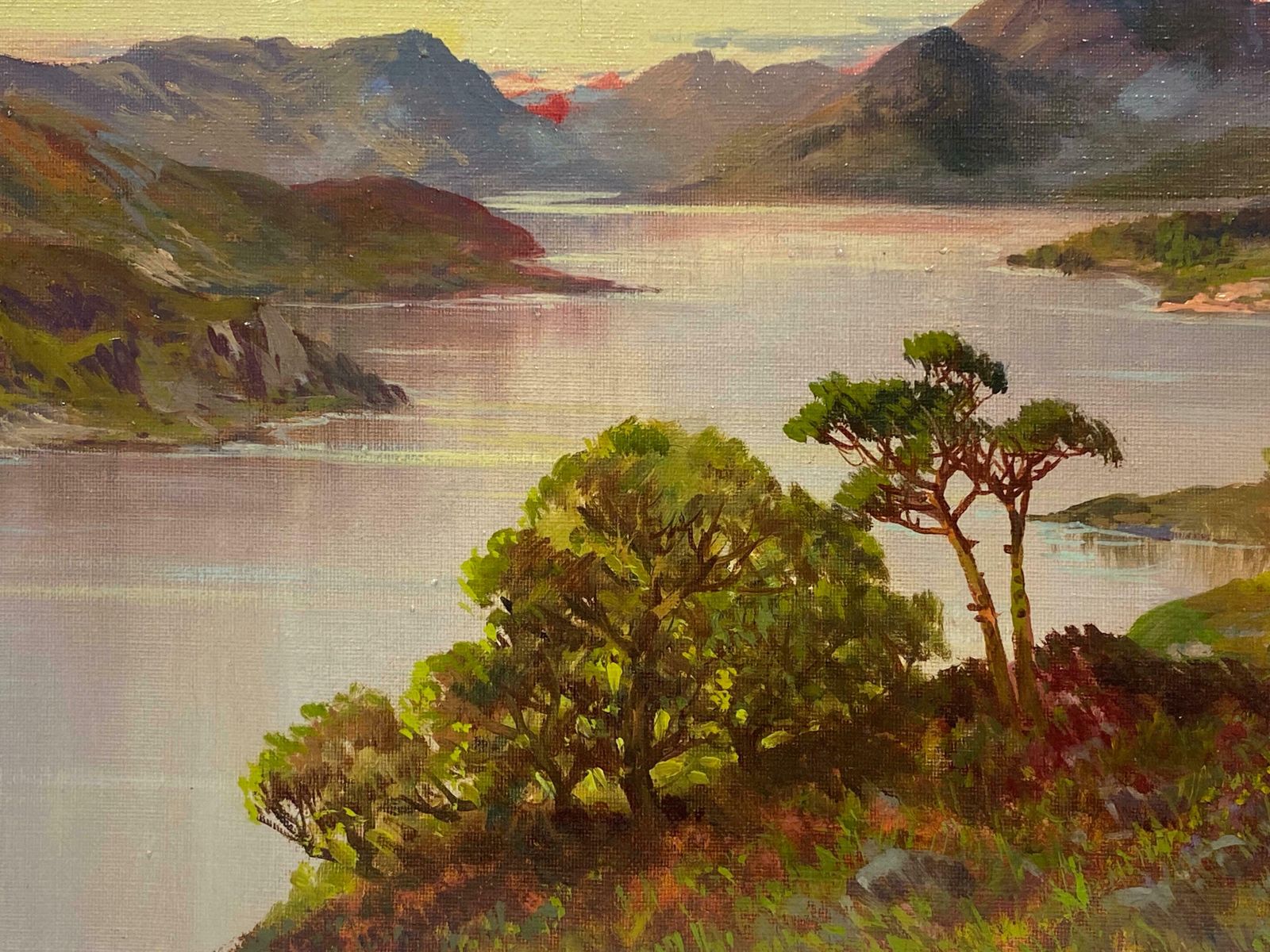 Francis E. Jamiesonantique Scottish Highlands Oil Painting Sunset Over The Mountain Loch Watersc.1920's photo Art