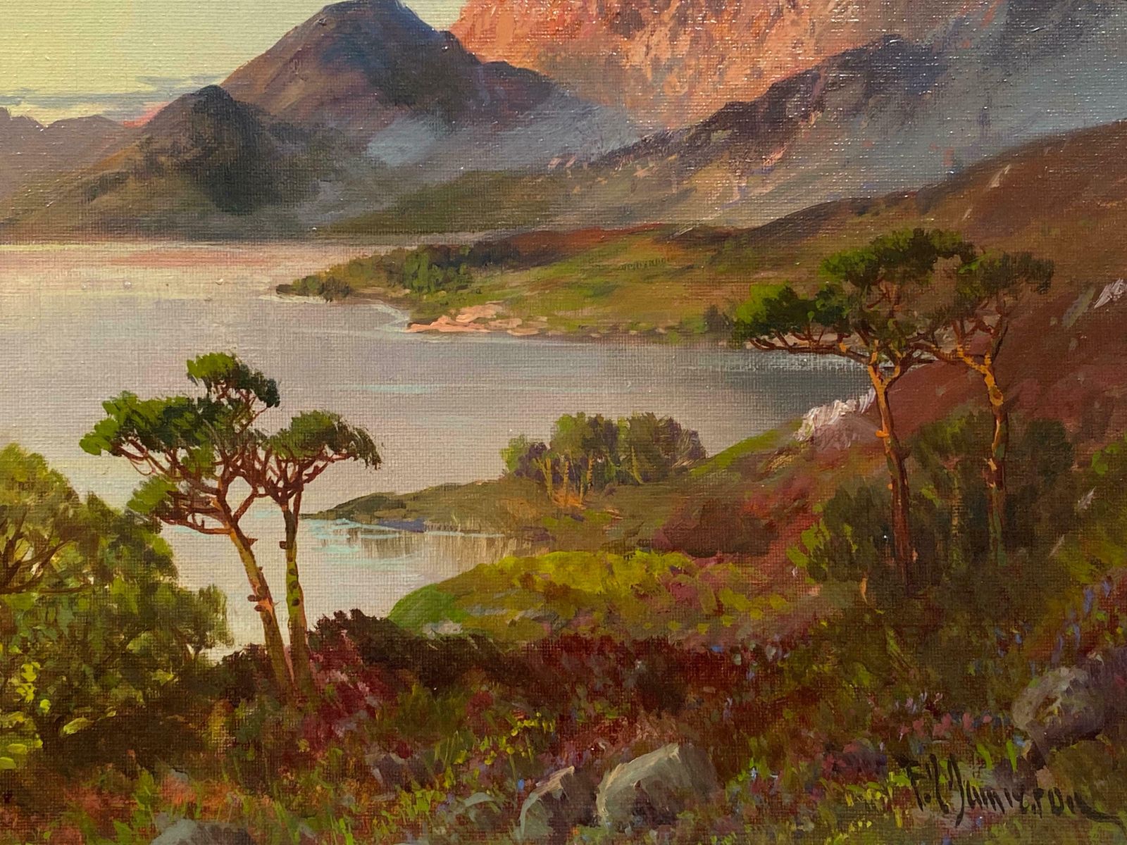 Francis E. Jamiesonantique Scottish Highlands Oil Painting Sunset Over The Mountain Loch Watersc.1920's photo 1634.0