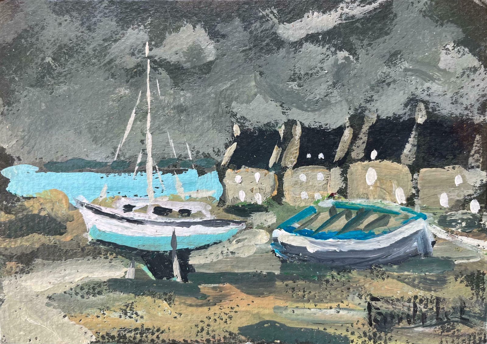 Fanch Lelfrench Impressionist Oil Painting Of "Le Guildo" Coastal Village Scene With Boat2004