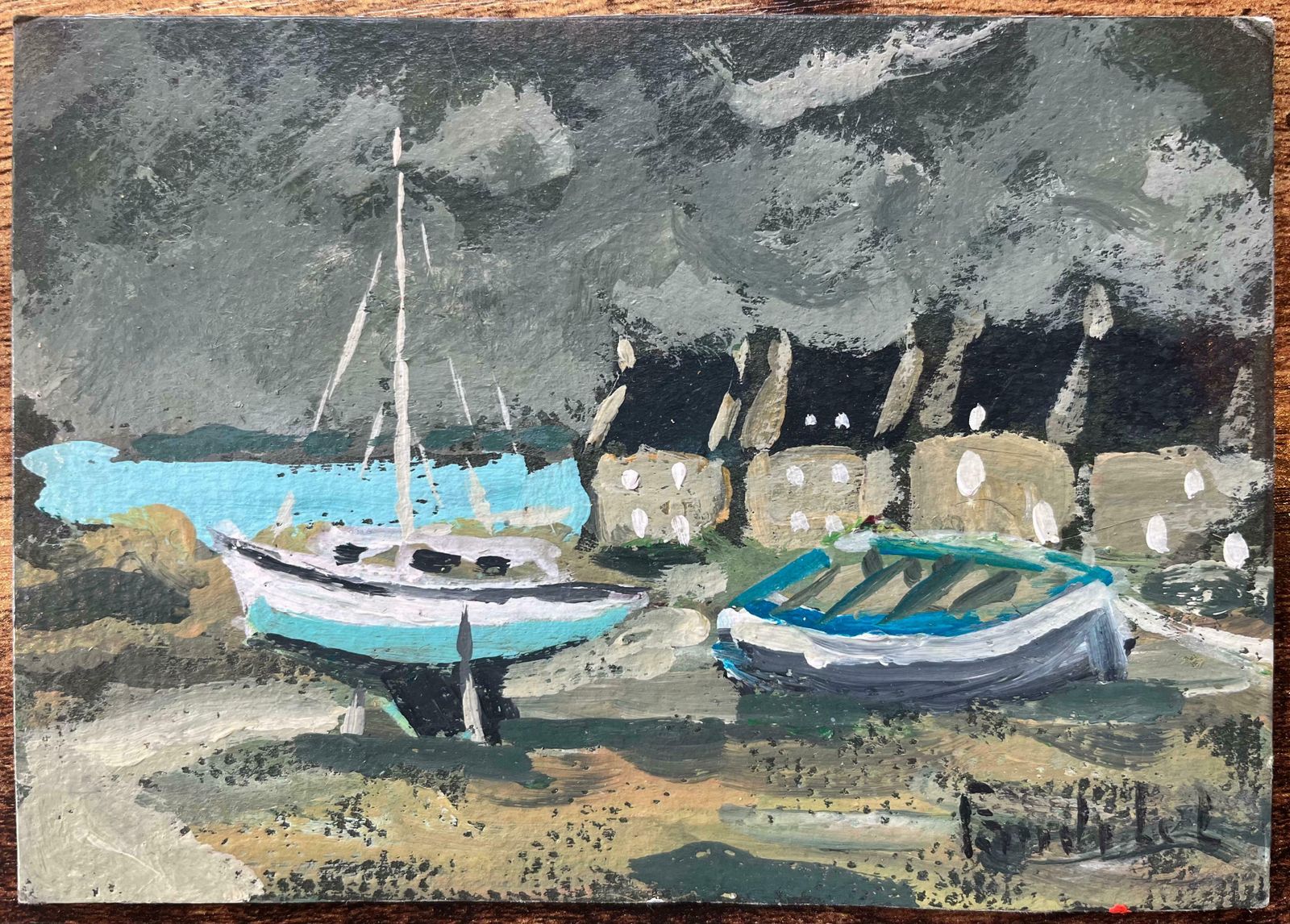 Fanch Lelfrench Impressionist Oil Painting Of "Le Guildo" Coastal Village Scene With Boat2004 photo furniture