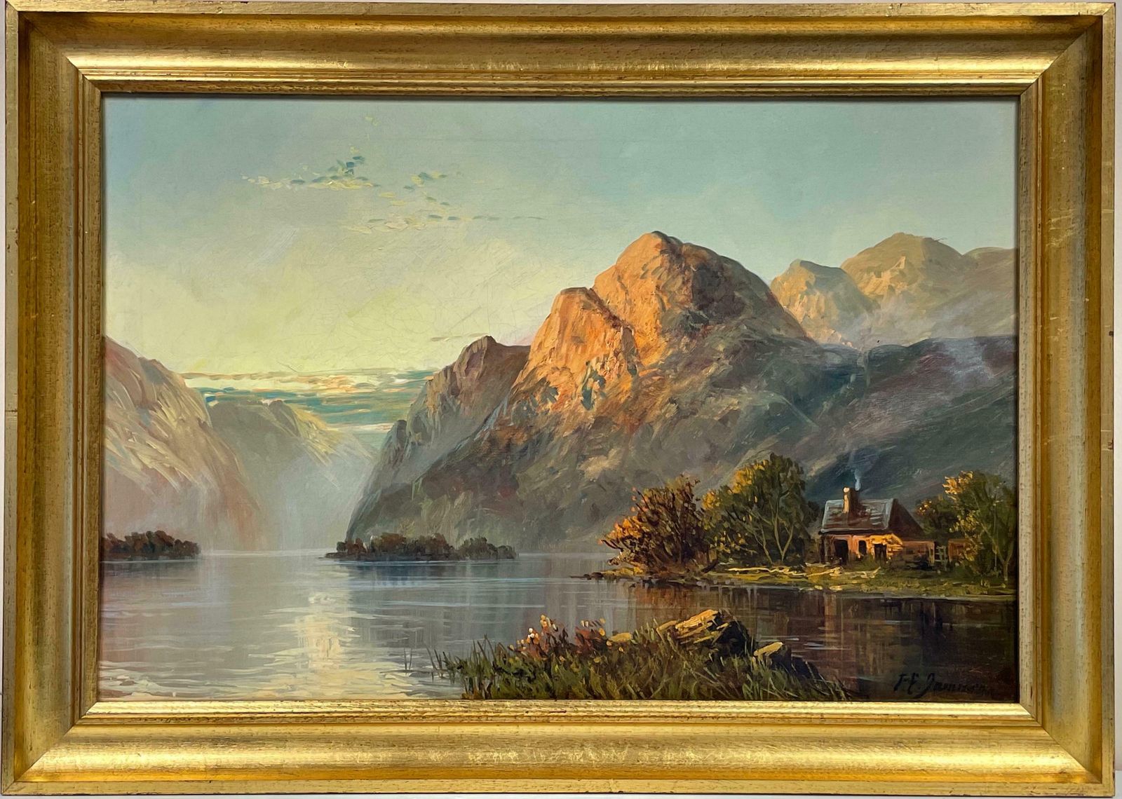 Francis E. Jamiesonantique Scottish Highland Loch Scene At Sunset With Cottage Golden Mountainsc.1930's photo for sale