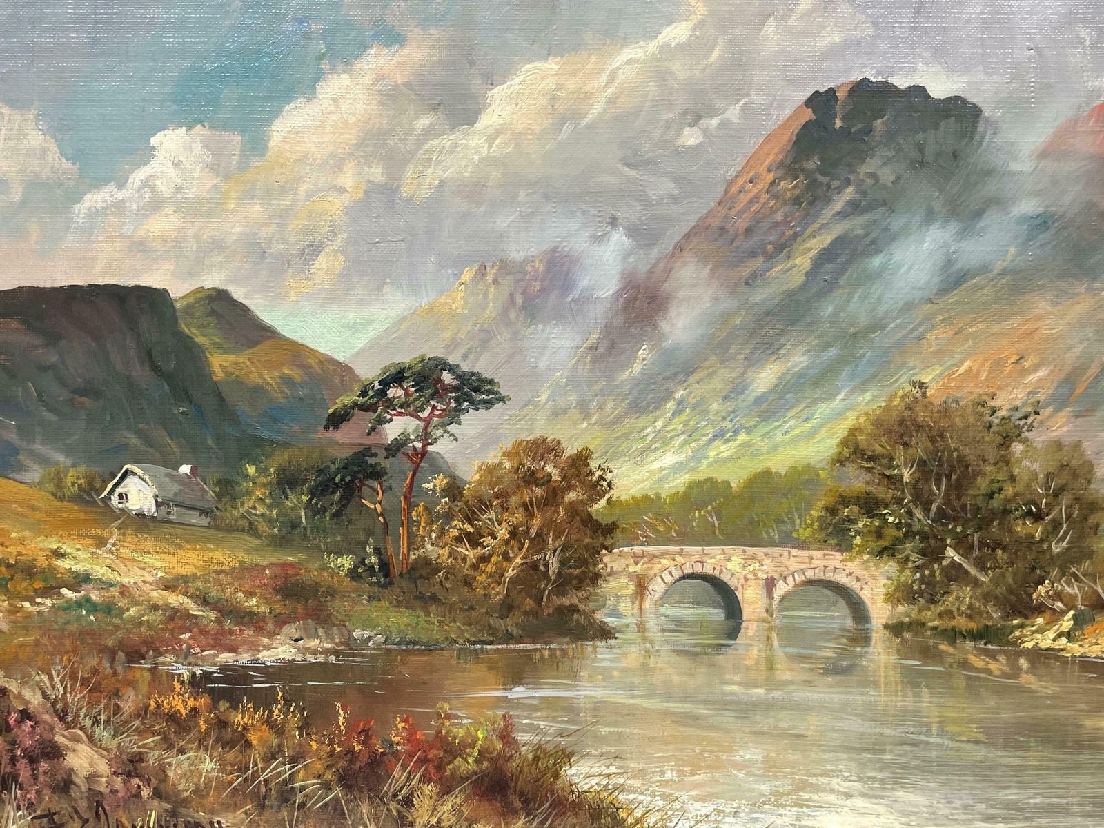 Francis E. Jamiesonantique Scottish Highlands Oil Painting River & Mountains Old Stone Bridgec.1930's photo 1991.0