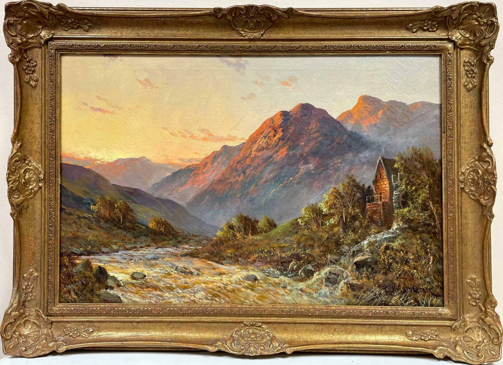 Francis E. Jamiesonantique Scottish Highlands Oil Painting Sunset River Landscape With Mountainsc.1930's photo for sale