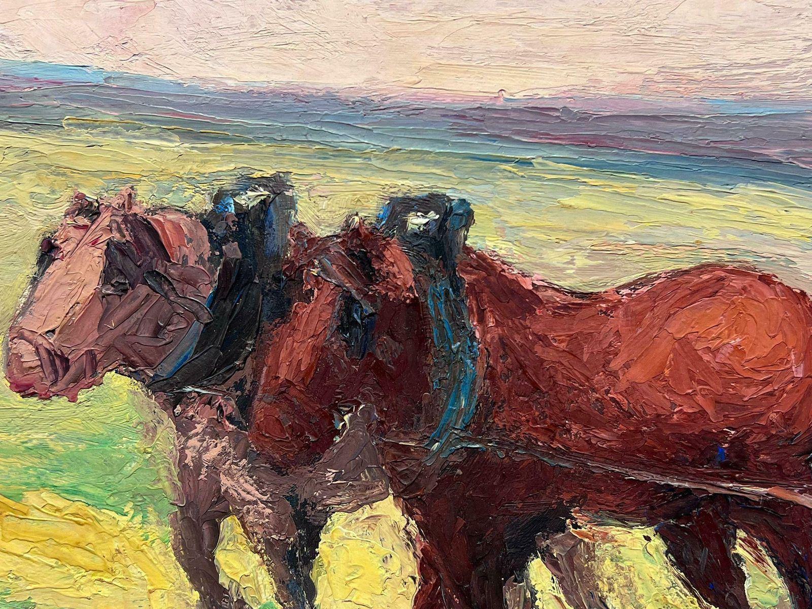 Leon Hatotfrench Oil Painting Two Brown Horses Pulling A Figure Through Green Field photo Art