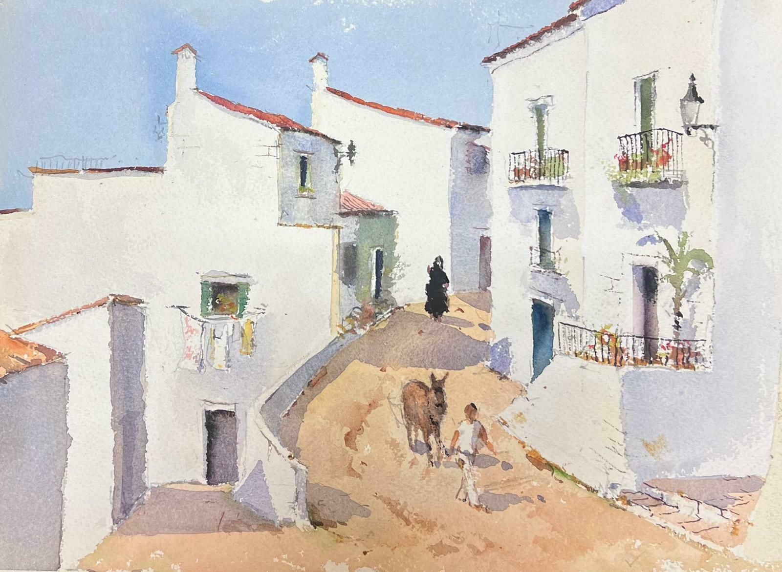 Anthony Averybritish Original Impressionist Watercolor Figure Walking Donkey Through Village