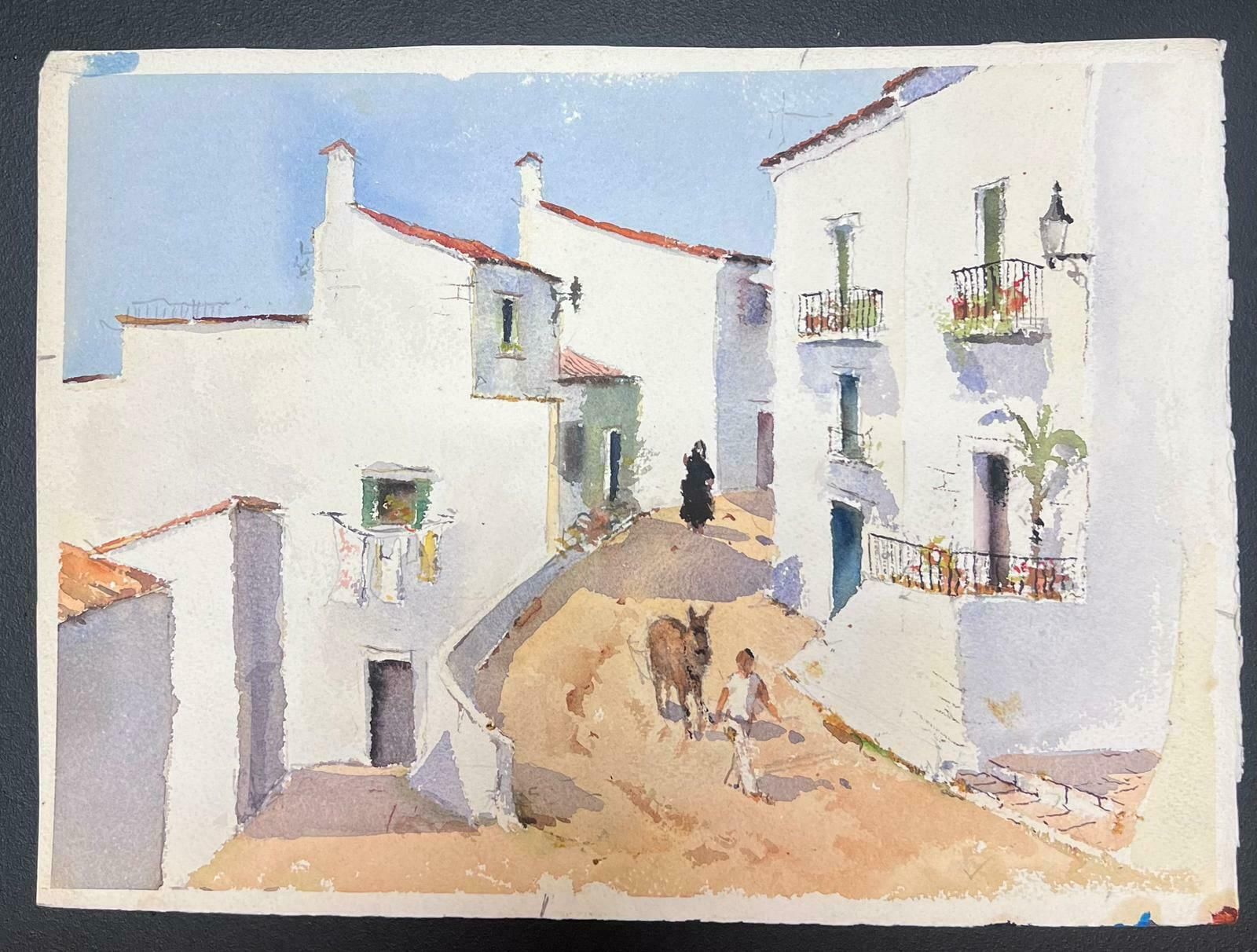 Anthony Averybritish Original Impressionist Watercolor Figure Walking Donkey Through Village photo furniture