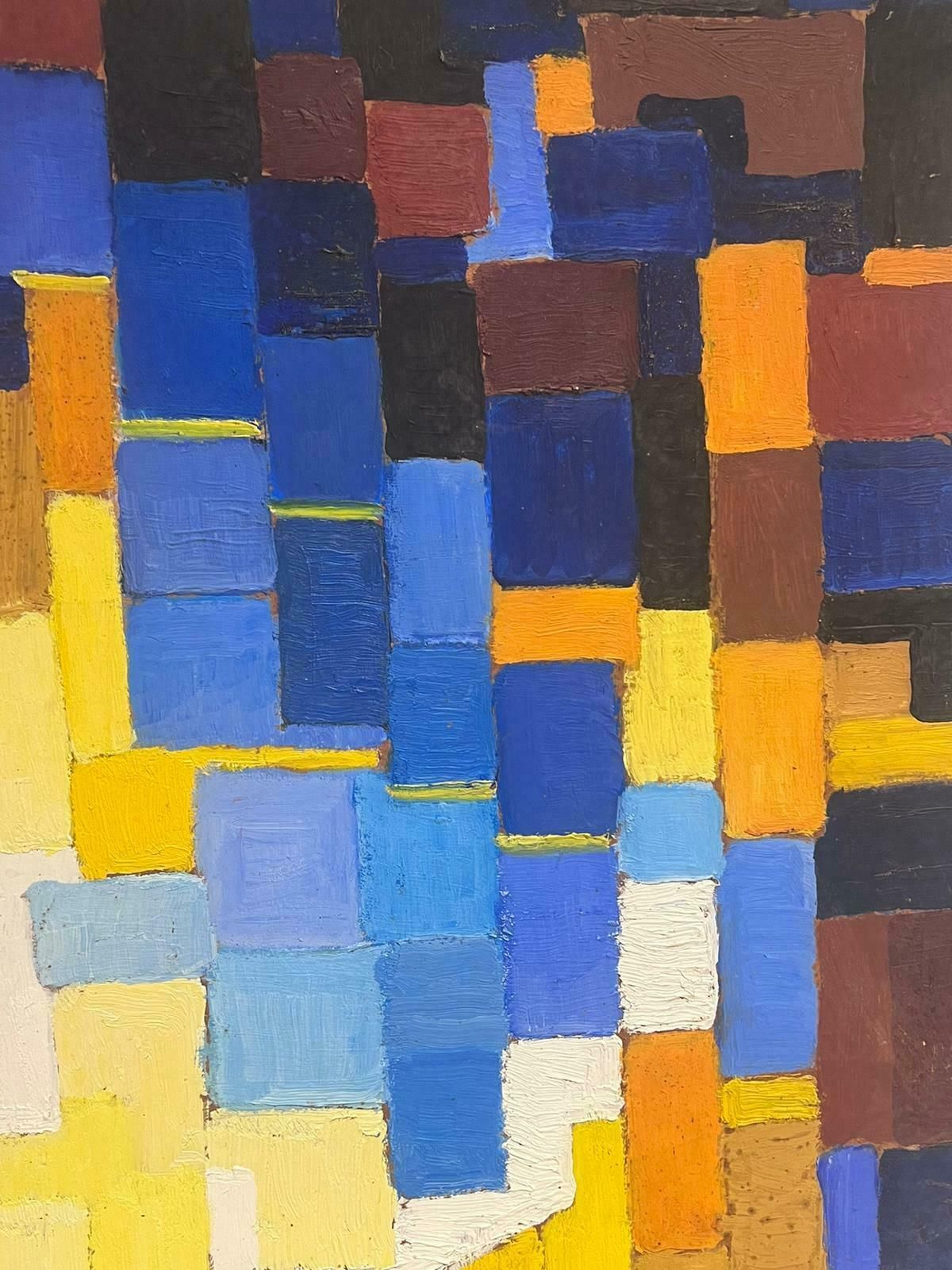 French School20th Century French Cubist Oil Painting Blues Oranges Yellow & Beige Cubes photo for sale