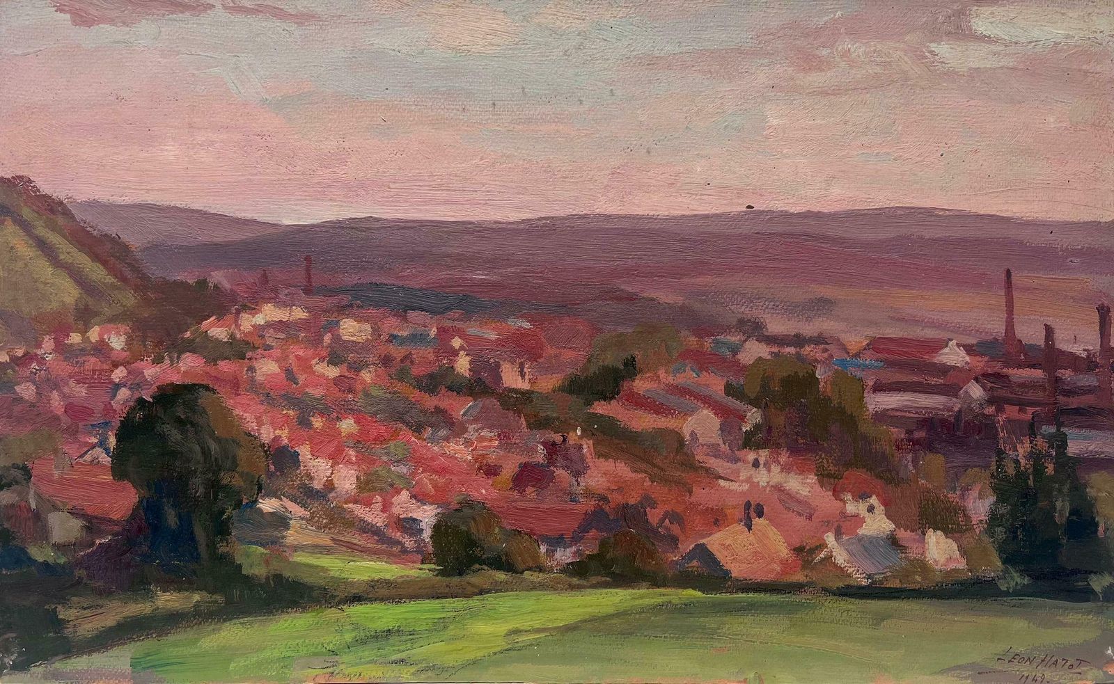Leon Hatot1940's French Oil Painting Sunset View Over Old Rooftops Far Reaching Views