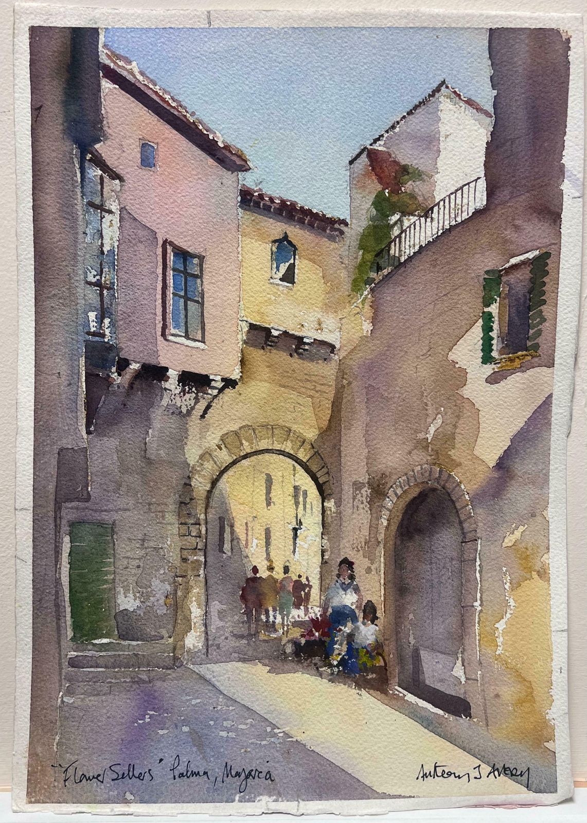 Anthony Averybritish Original Impressionist Watercolor Flower Sellers In Palma Majorca photo furniture
