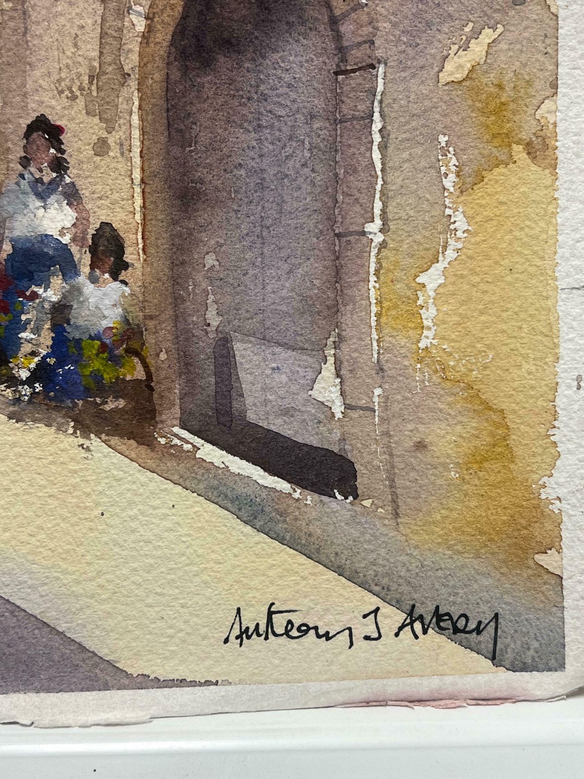 Anthony Averybritish Original Impressionist Watercolor Flower Sellers In Palma Majorca photo for sale