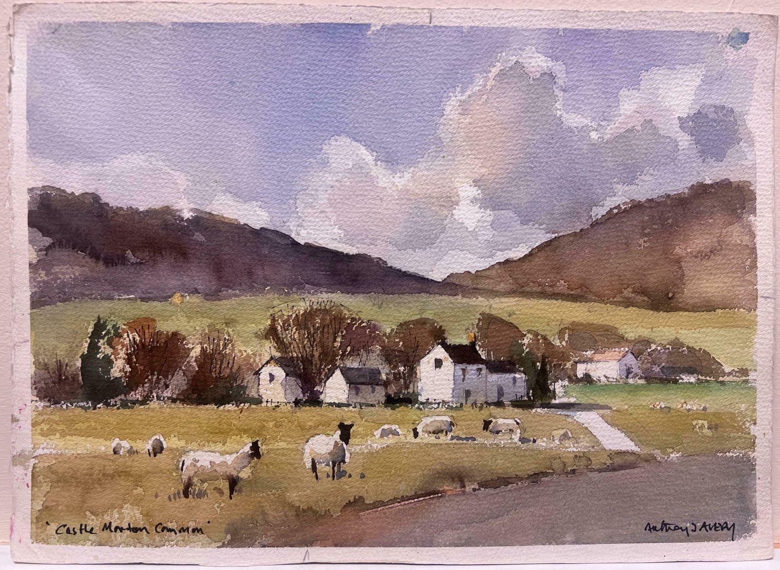 Anthony Averybritish Original Impressionist Double Sided Watercolor Pastoral Landscape Sheep photo furniture