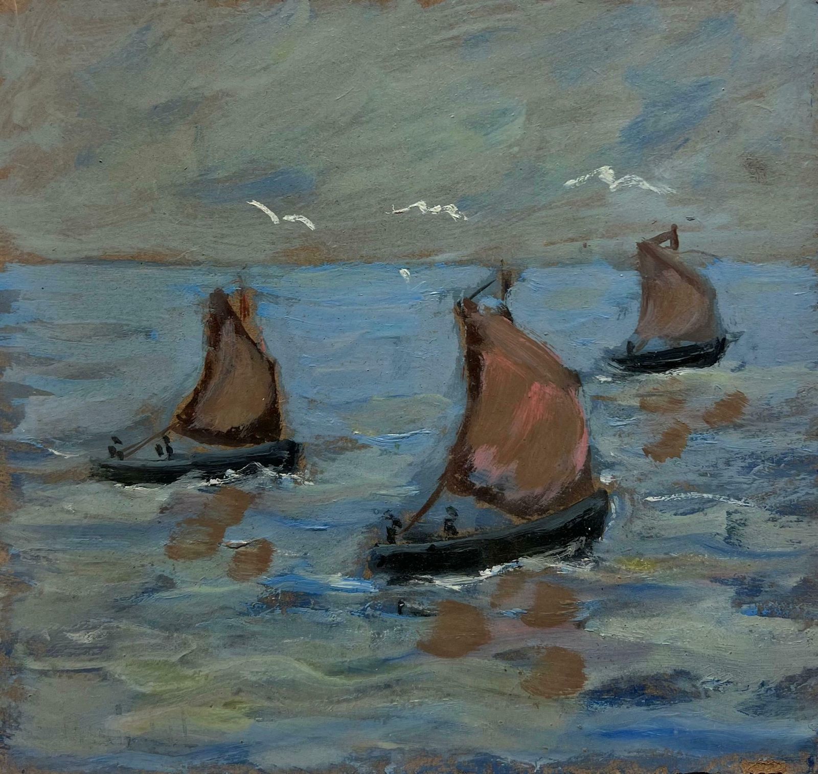 Fanch Lelchoppy Seascape With Red Sailboats And Seagulls French Oil Painting20th Century