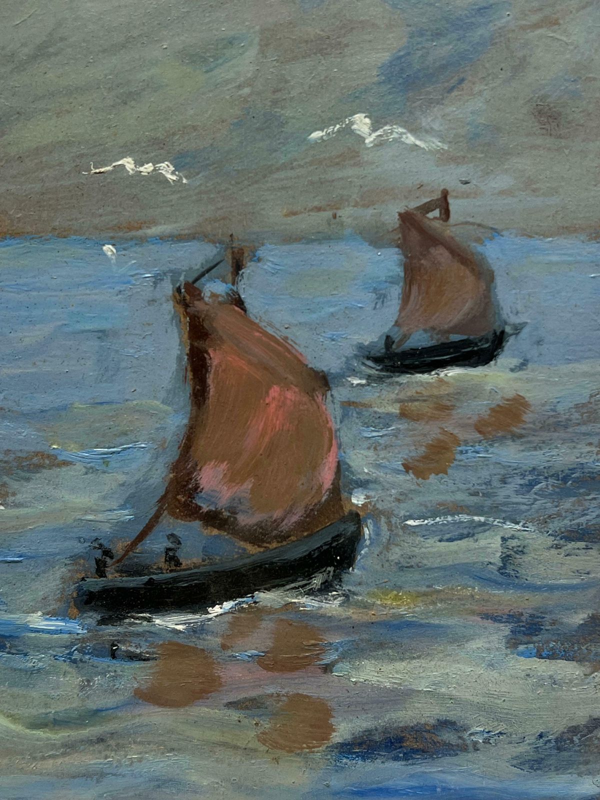 Fanch Lelchoppy Seascape With Red Sailboats And Seagulls French Oil Painting20th Century photo for sale