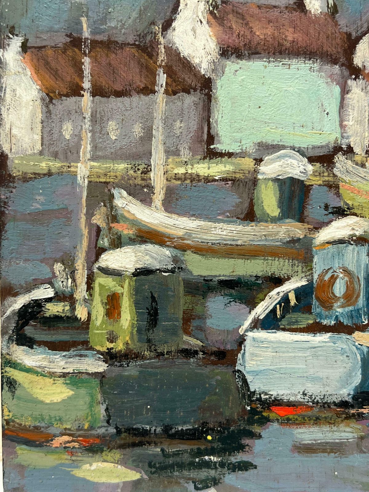 Fanch Lelcharming Harbor Scene With Fishing Boats And Fishermen In Orange Oilskins 20th Century photo vinterior
