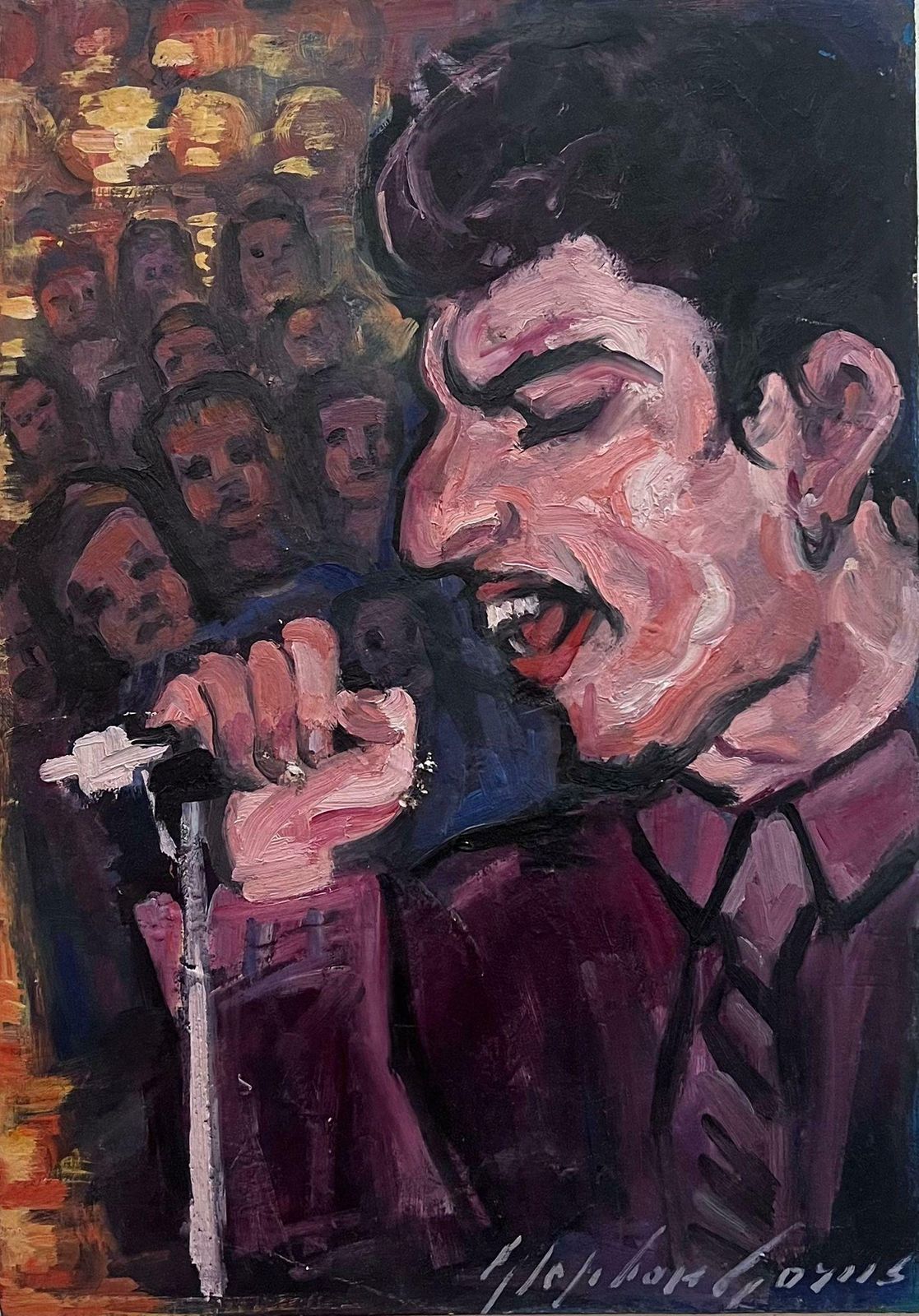 French Schoolportrait Of Freddie Mercury Signing Live, Signed French Oil Painting
