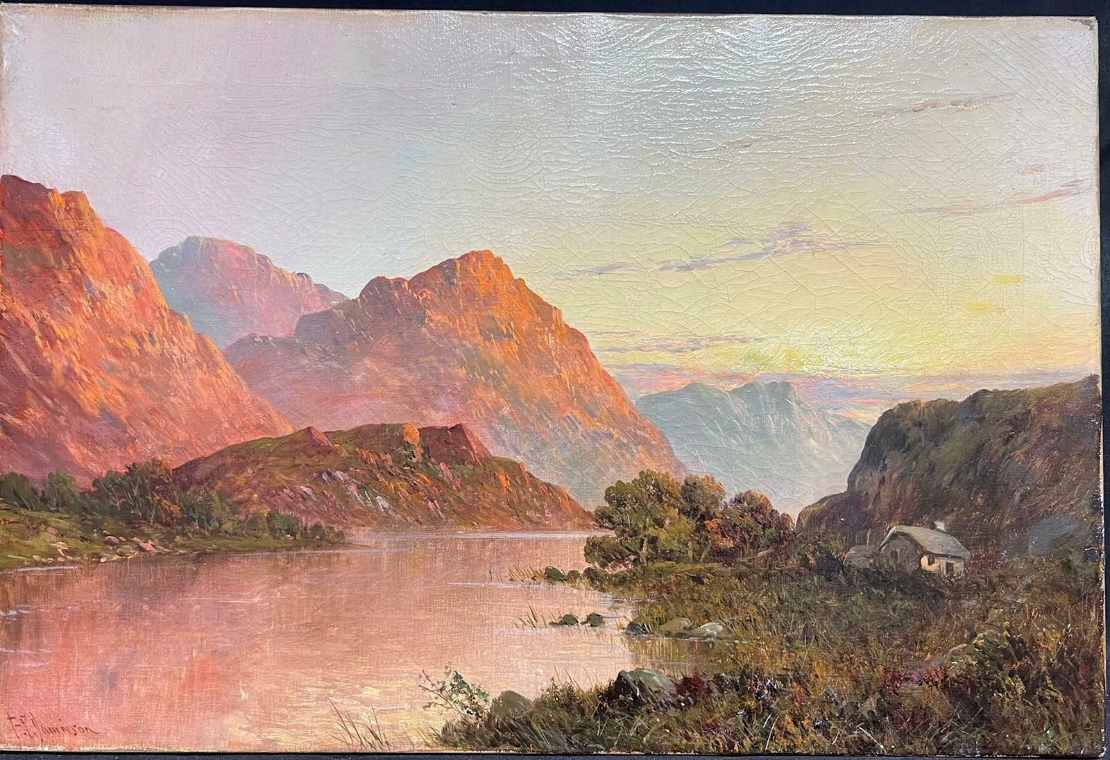 F. E. Jamiesonantique Scottish Highland Landscape Loch Warm Sunset Sky Signed Oil Painting photo for sale