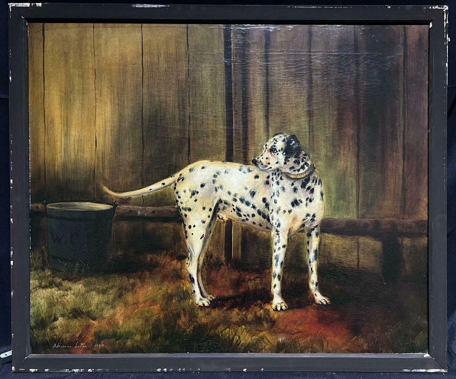 Adrienne Lesterantique British Dog Oil Painting Portrait Of Dalmatian Dog Signed & Dated 1896 photo furniture