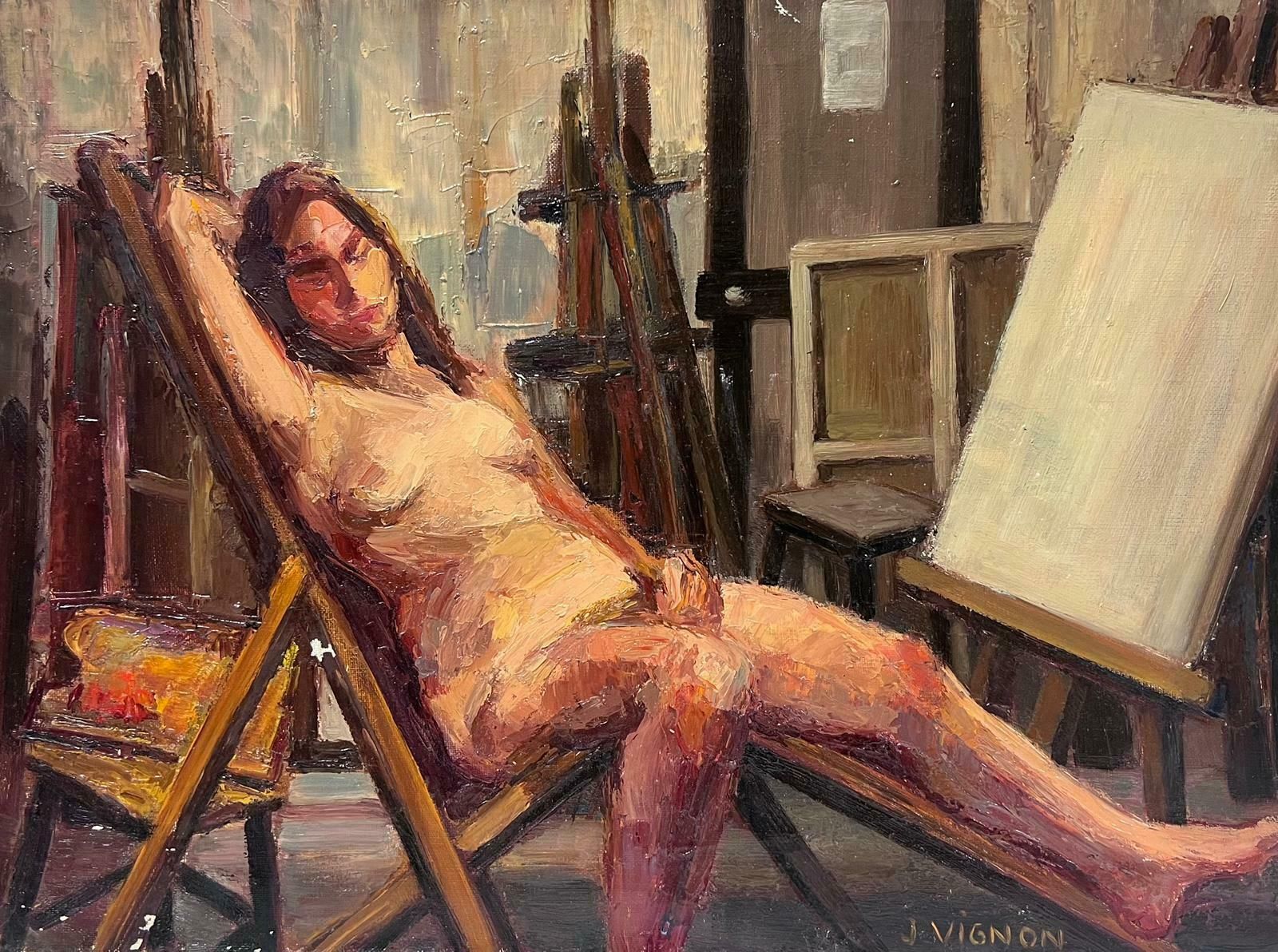 Josine Vignon1950s French Post Impressionist Signed Nude Lady Artists Studio Interior Easels1950s