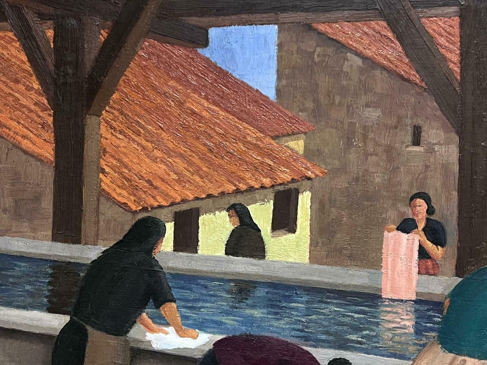 French Mid 20th Centurylarge 1950's French Signed Oil Painting Ladies Washing Clothes At Public Baths1950's photo buy