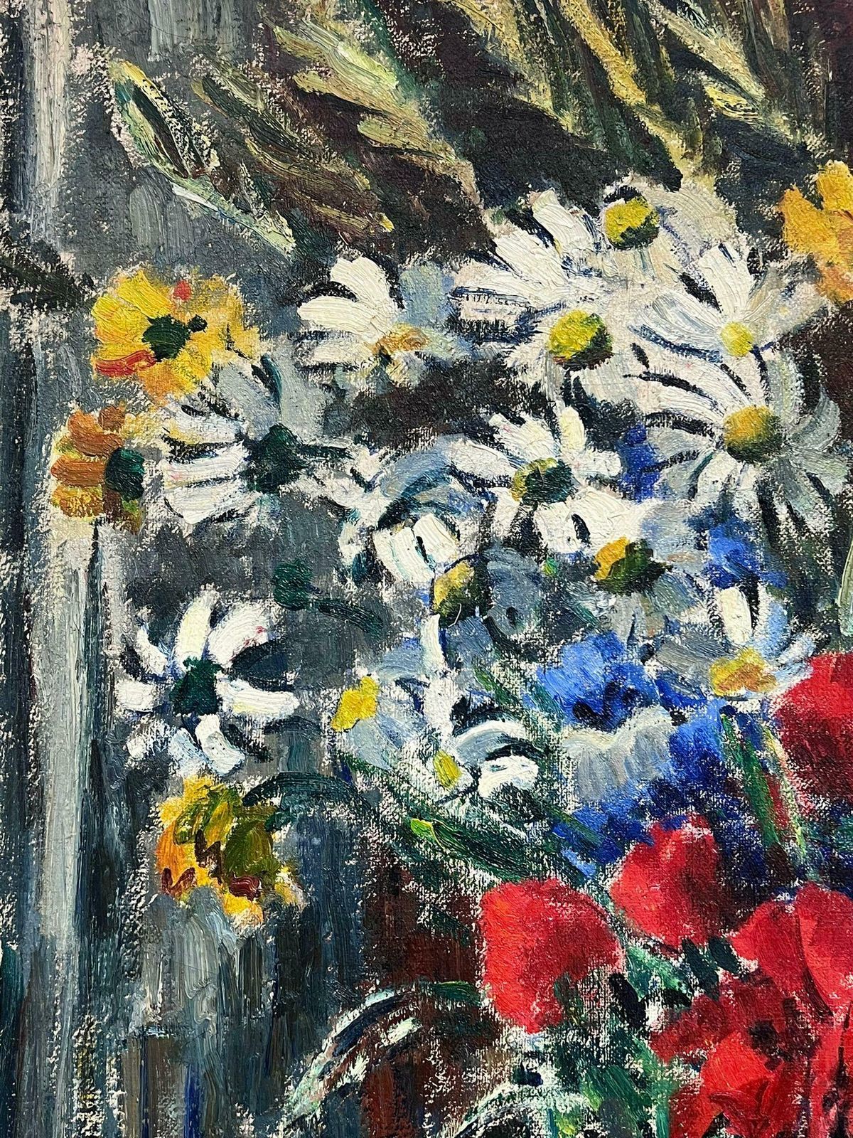 French Schoolfrench 1950's Signed Large Oil Painting Colourful Flowers In Vase Still Life photo Art