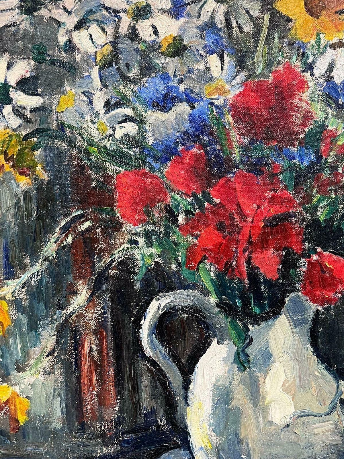 French Schoolfrench 1950's Signed Large Oil Painting Colourful Flowers In Vase Still Life photo 1022.0