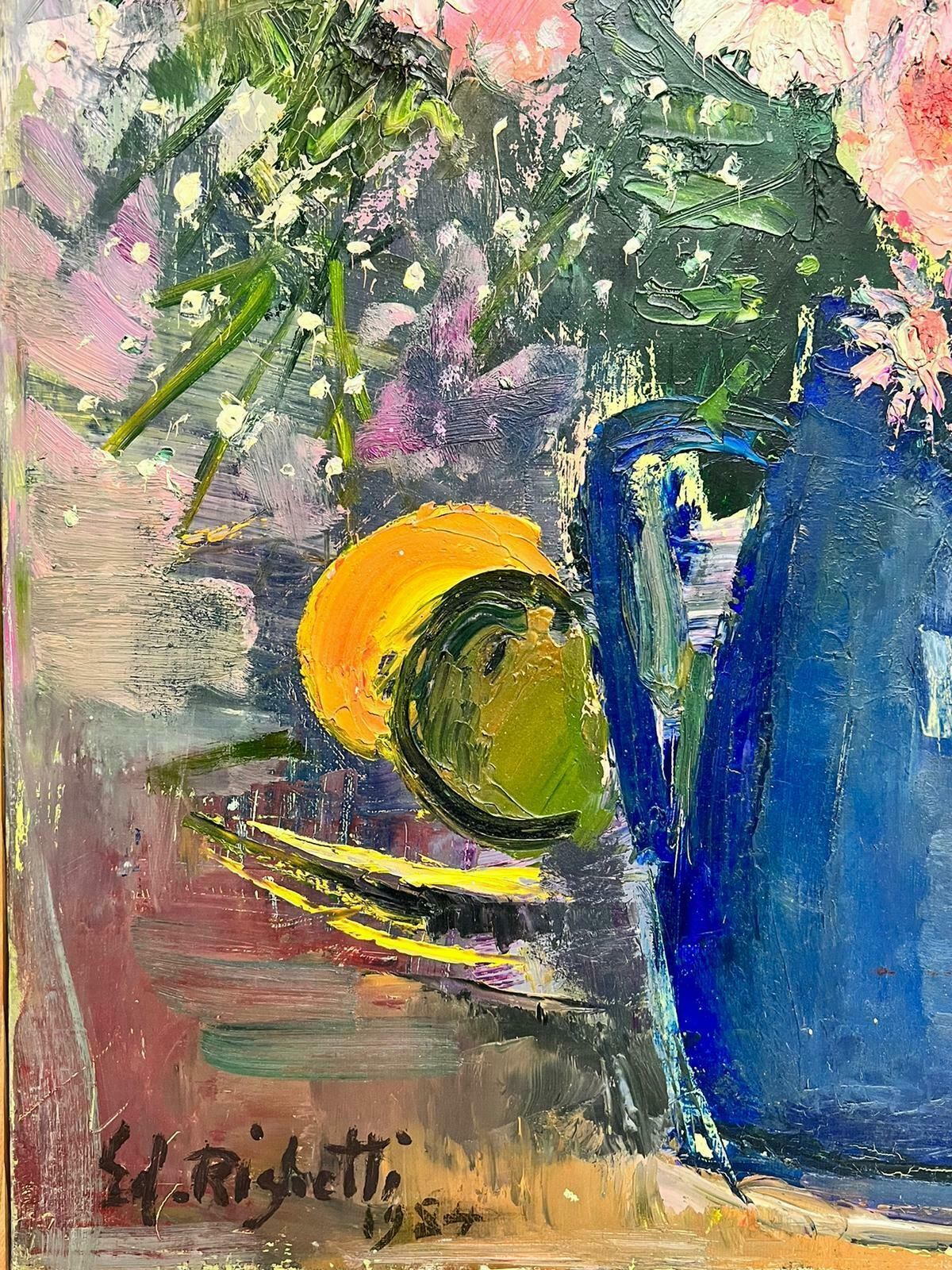 édouard Righetti (1924 2001)original French Mid Century Post Impressionist Oil Pink Flowers In Blue Vase1980's photo buy