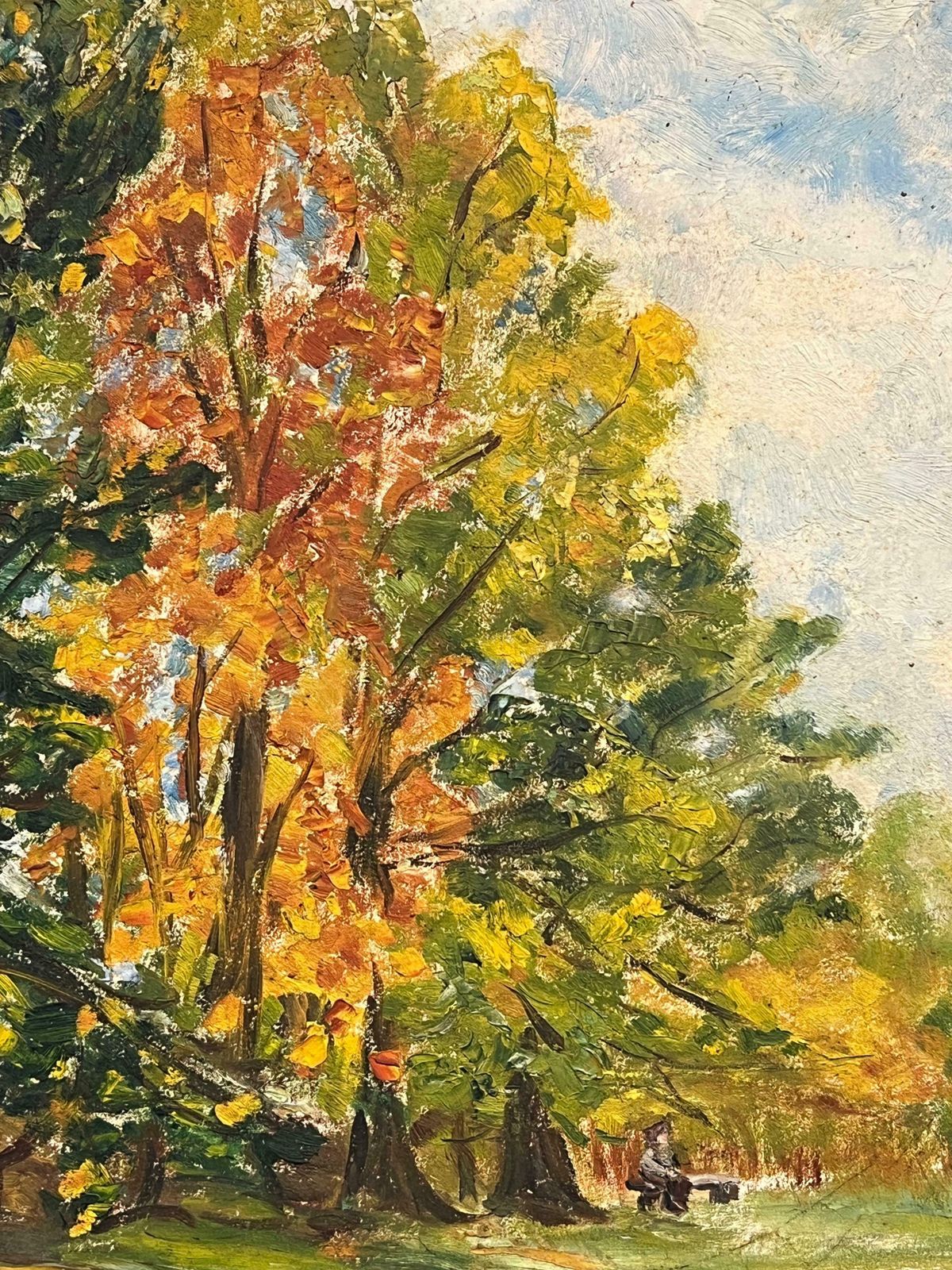 Simone Forgefrench Autumn Landscape With Bright Foliage And Figures In The Park Oil Painting19th Century photo for sale