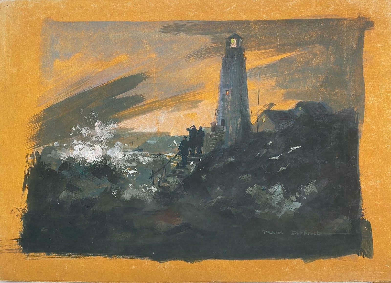 Frank Duffieldbritish Impressionist Painting Lighthouse Beneath Flaming Sky Mid 20th Century photo furniture