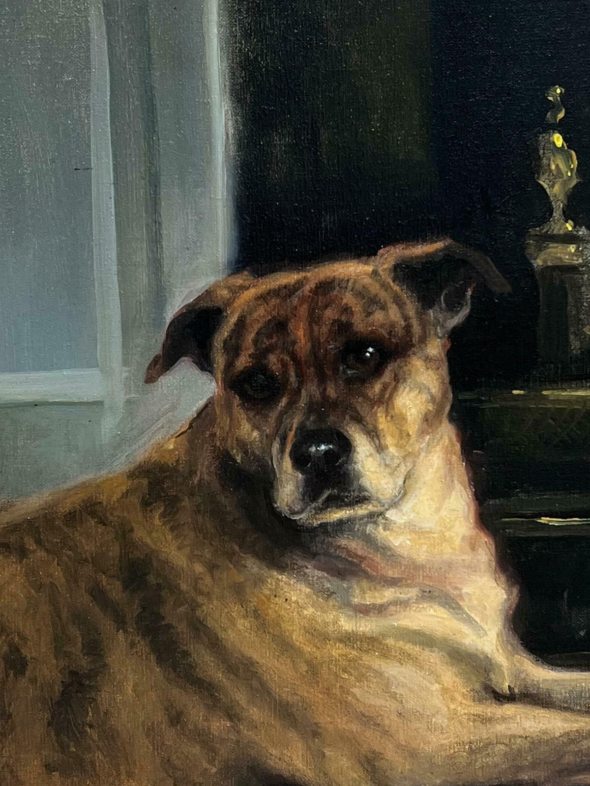 Hazel Morganenglish Dog Oil Painting Boxer Dog Beside Open Fireplace In Home Signed Original photo vinterior