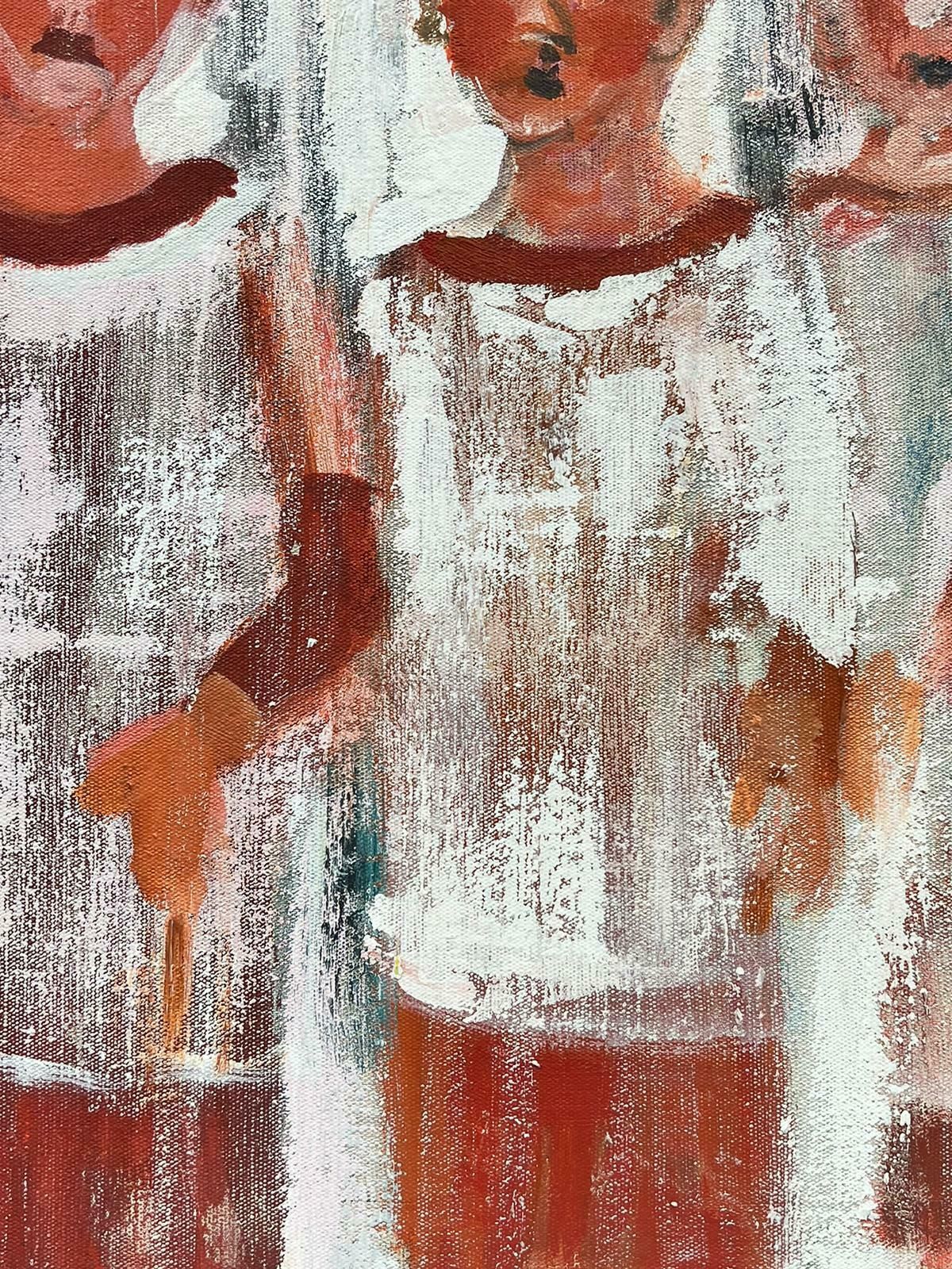 Huguette Ginet Lasnier Contemporary French Abstract Portrait Three Children Standing In Snow Signed Oilc. 2000's photo furniture
