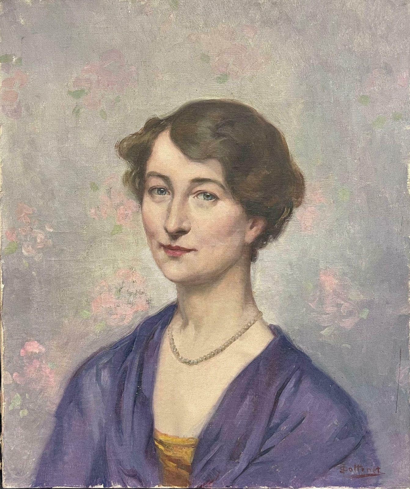 French 1930'sbeautiful 1930's French Signed Oil Portrait Lady Purple Dress Blue & Pink Back1930's