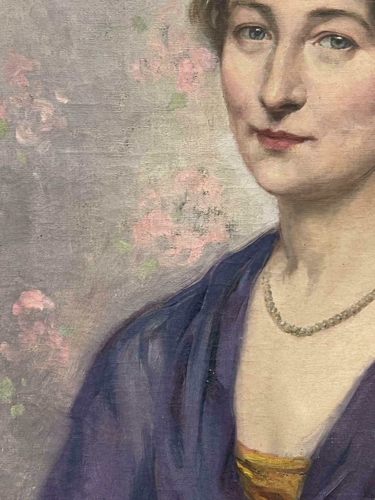 French 1930'sbeautiful 1930's French Signed Oil Portrait Lady Purple Dress Blue & Pink Back1930's photo Art