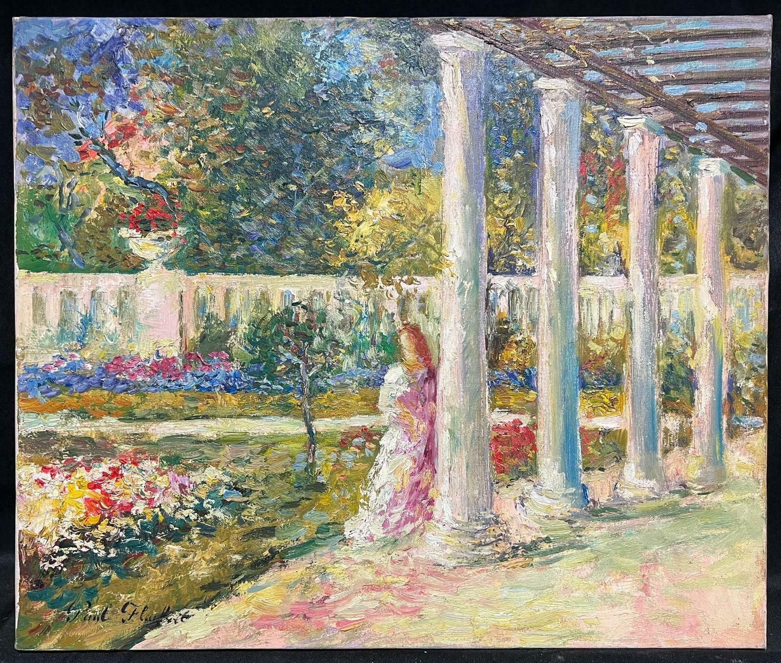 Paul Flaubertfrench Impressionist Signed Oil Painting Elegant Lady Pretty Flower Garden photo furniture