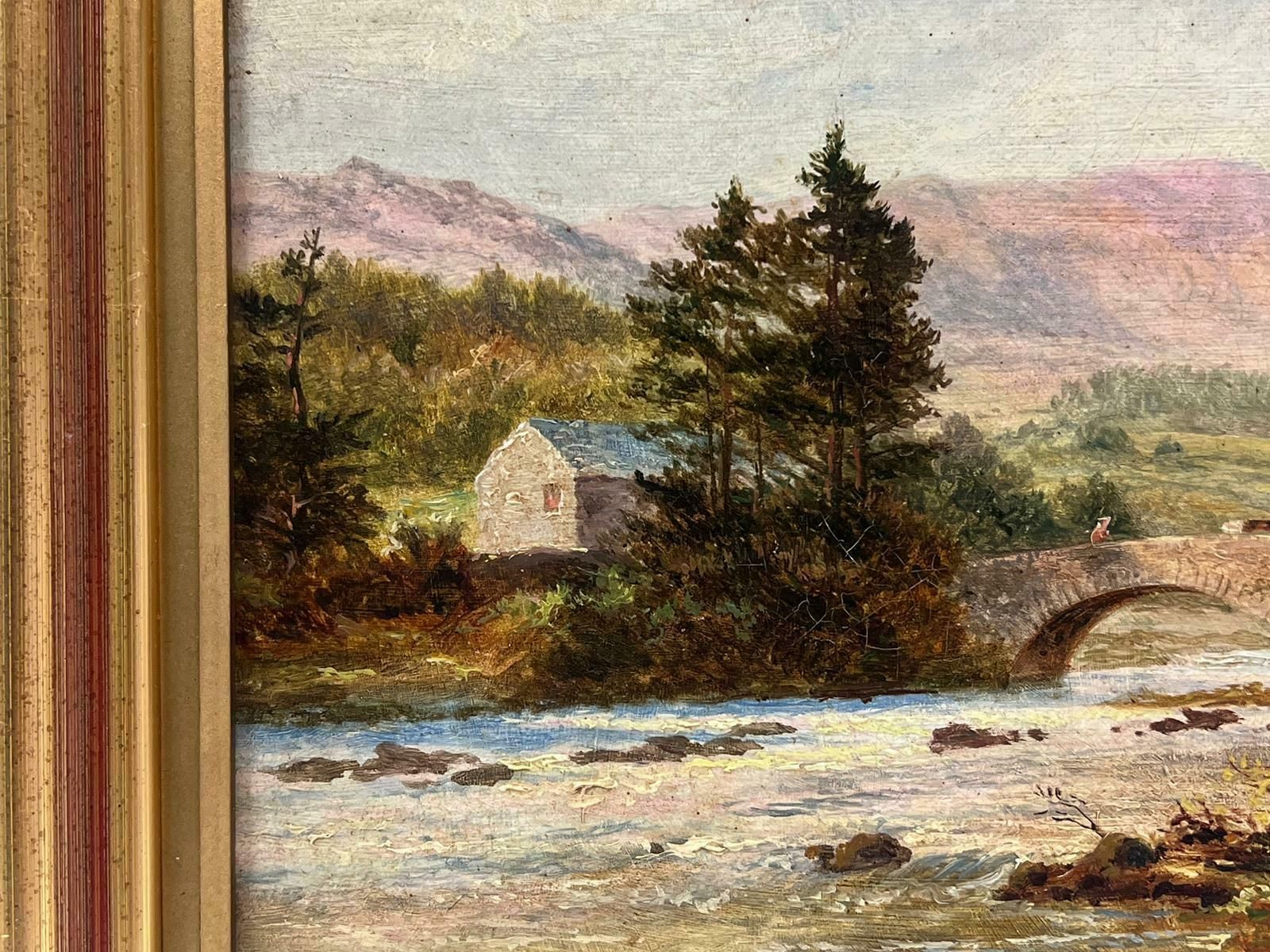 Scottish Schoolantique Scottish Signed Oil Painting Cattle Over Stone Bridge Highland River photo Art