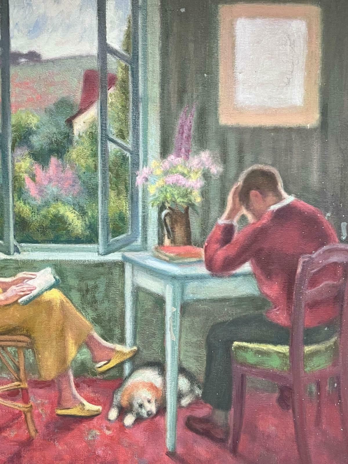 Jacob Markiellarge French/ Polish Modernist Oil Painting Interior Room Figures Reading & Dog photo vinterior